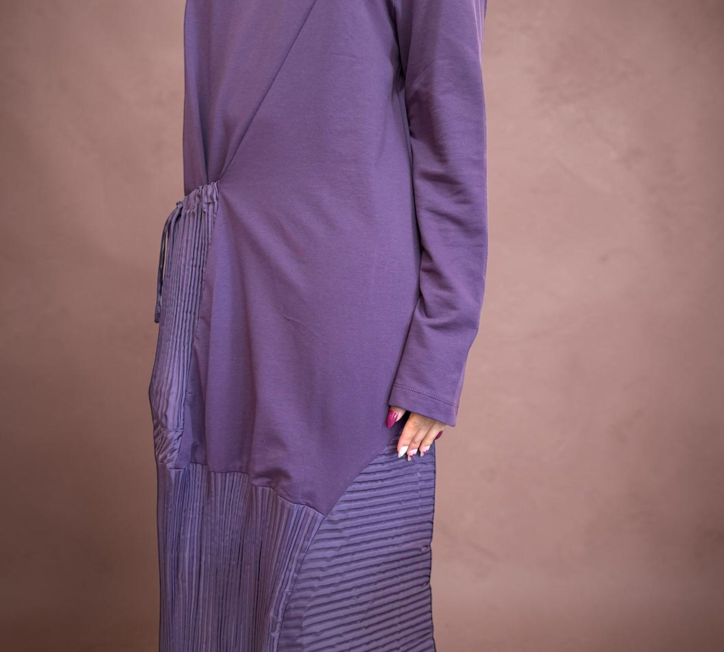 Plum Purple Mixed-Media Pleated Midi Dress with Drawstring Detail - Above the Crowd Boutique