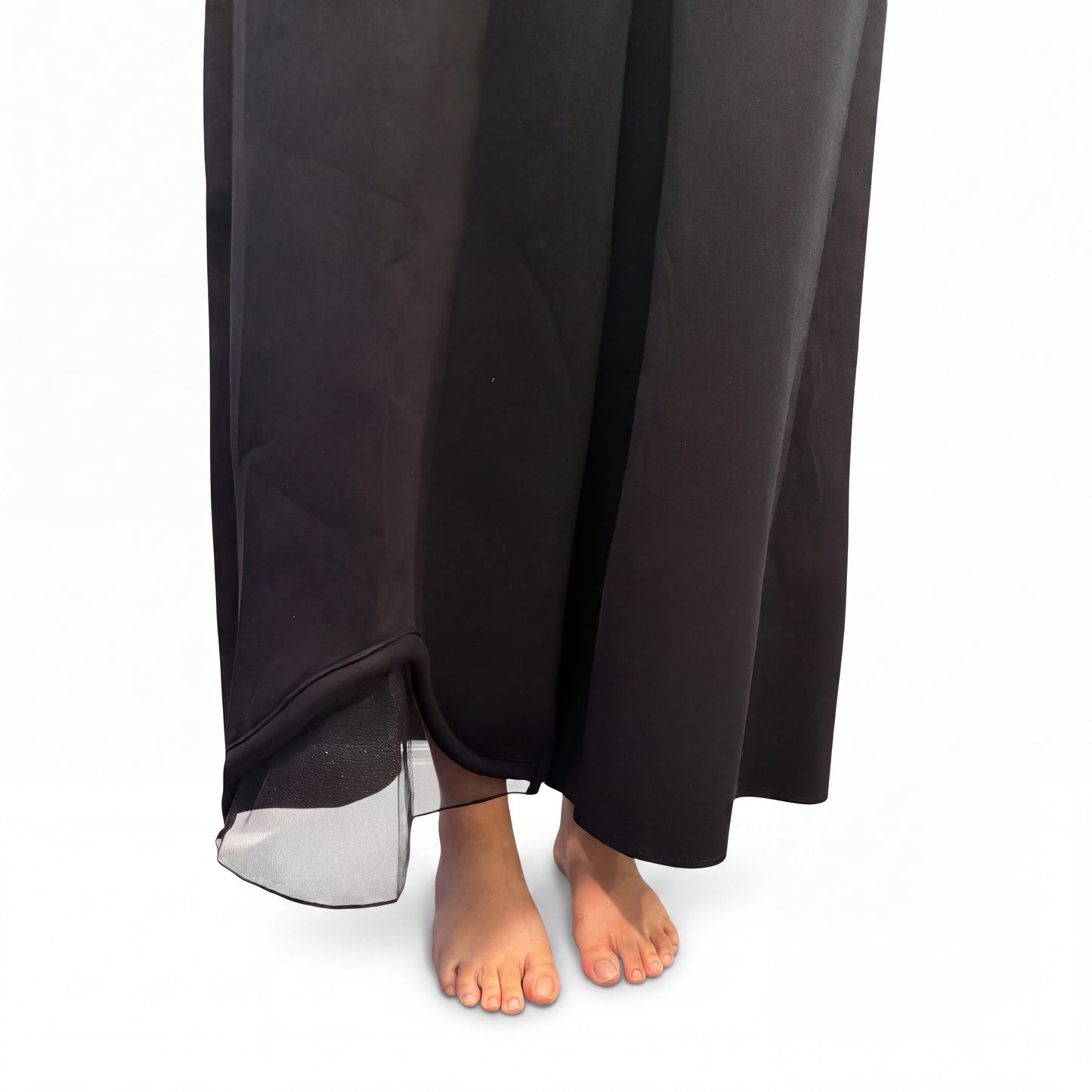 Black Sculptural Wide-Leg Pants with Sheer Mesh Hem Detail