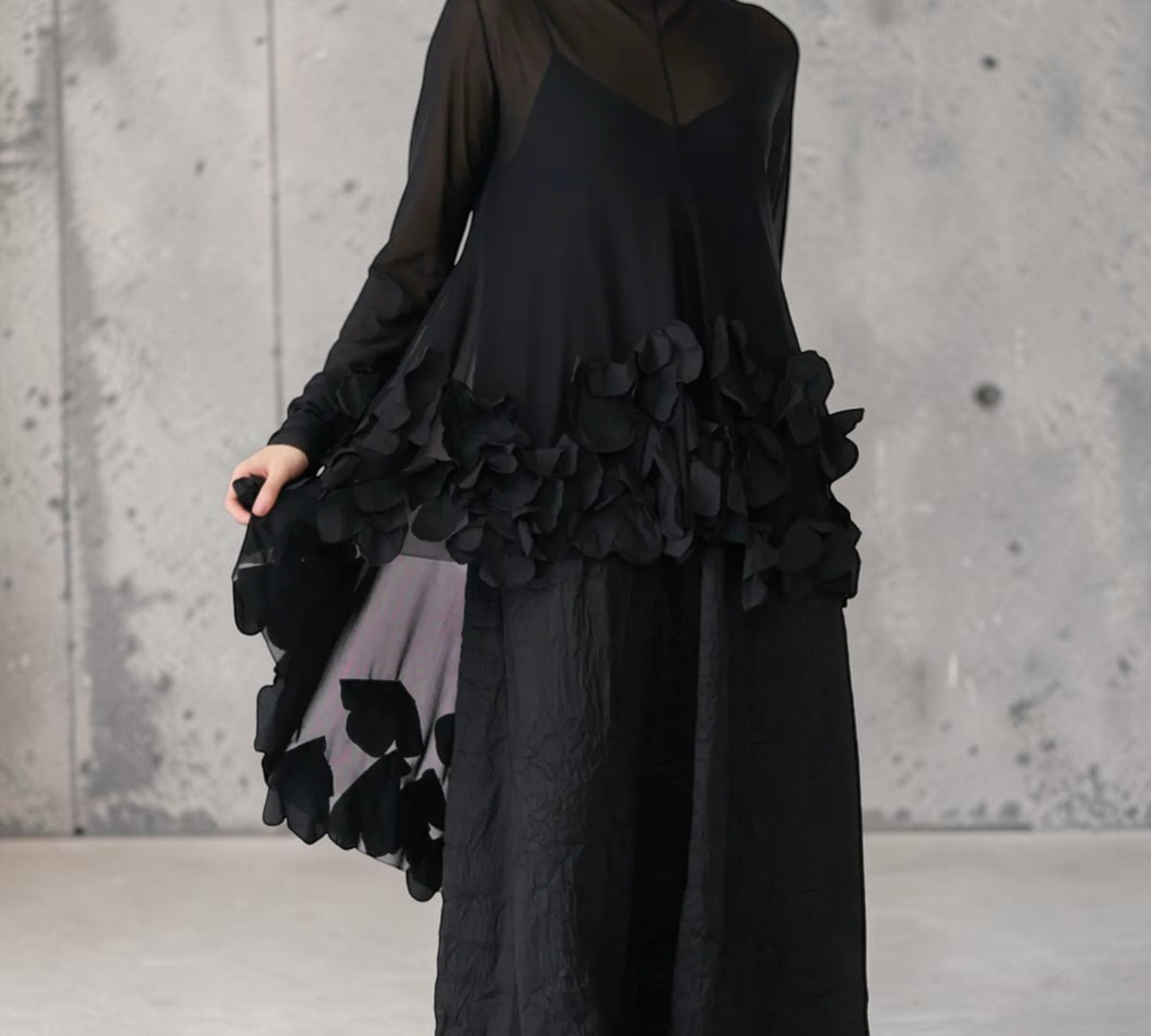 Black Avant-Garde Two-Piece Layered Dress Set with 3D Floral Appliqué - Above the Crowd Boutique