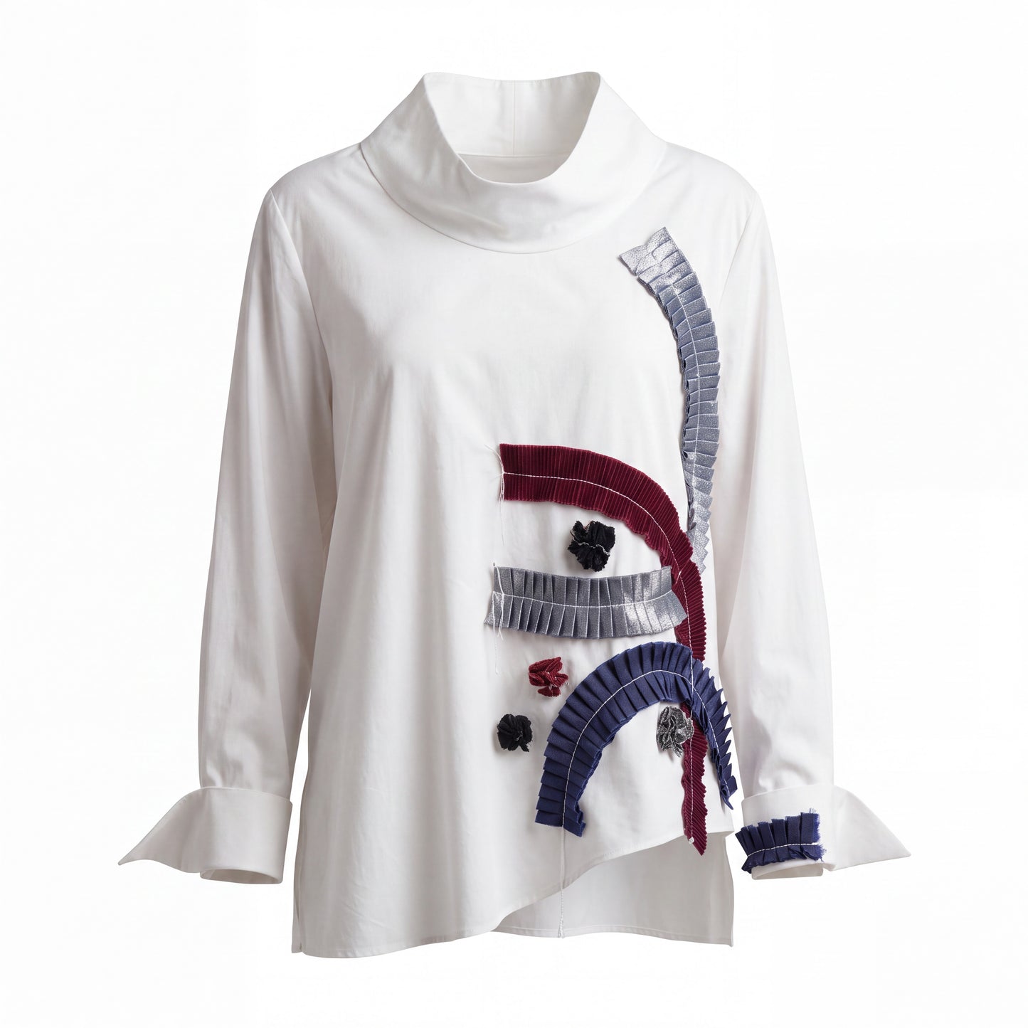 White Abstract Pleated Appliqué Statement Blouse - Above the Crowd Boutique