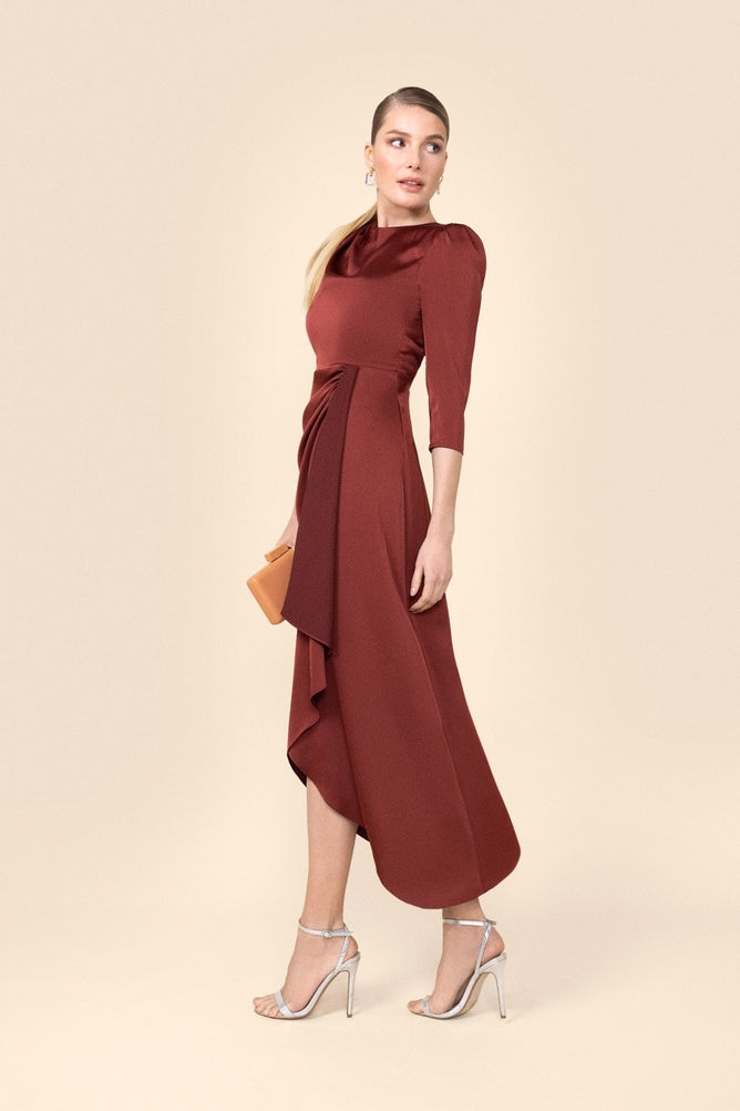 Bruna Natasha Praline Midi Dress - Crepe Satin Party Dress with French Sleeves Bruna