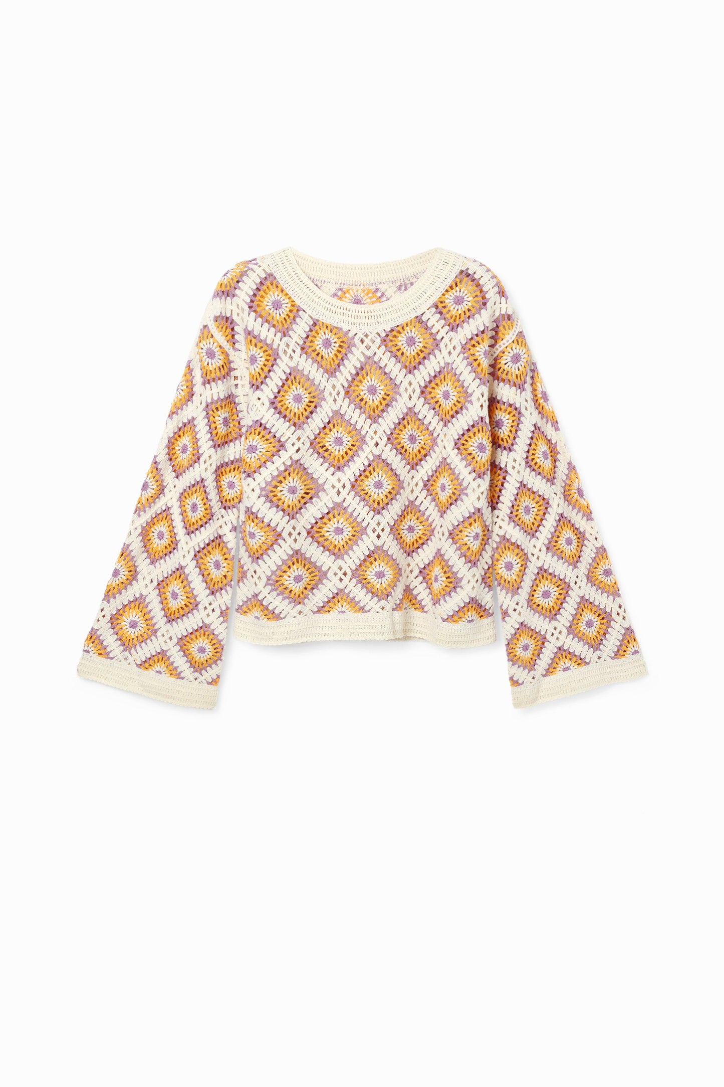 Desigual Women's Crochet Knit Pullover - Bohemian Style, Colorful Retro Design Desigual