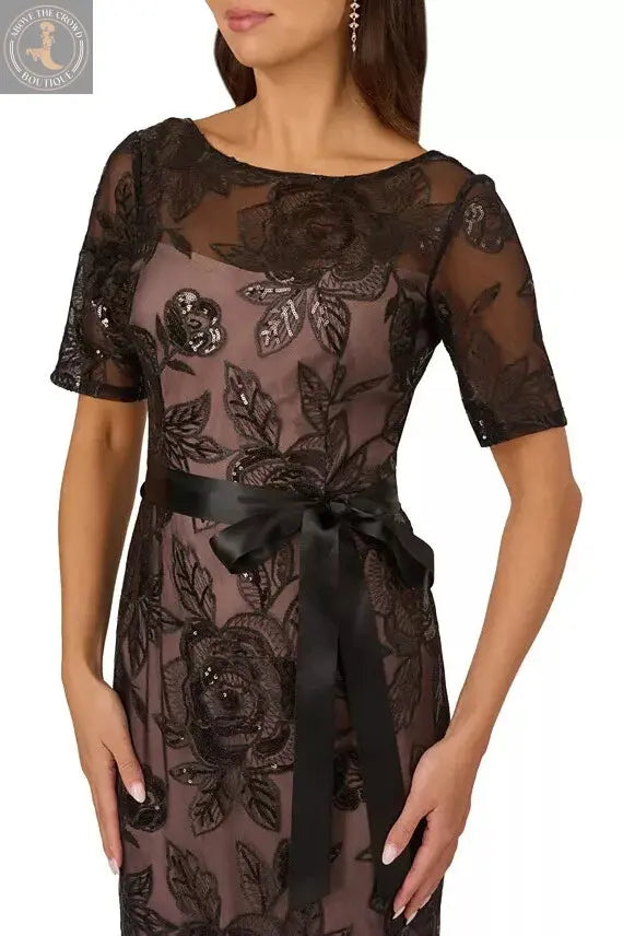 Elegant Black Floral Sheer Maxi Dress - European Style Evening Gown with Satin Belt Above The Crowd Boutique
