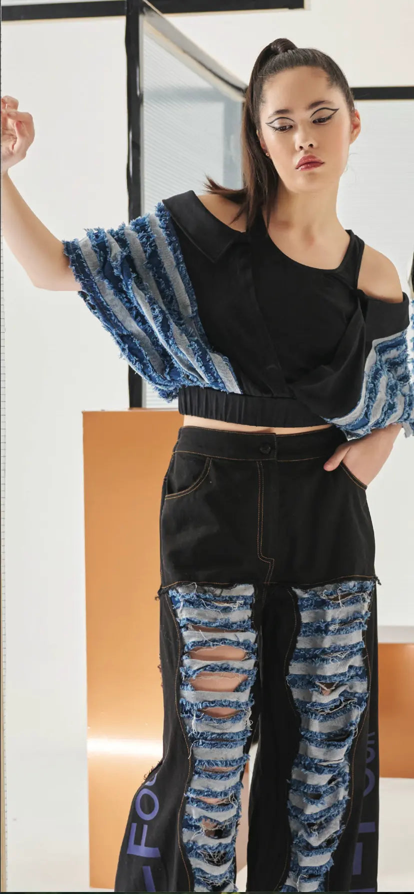 European Denim Crop Top: Standout Ripped Jeans & Crop Top Set H-4