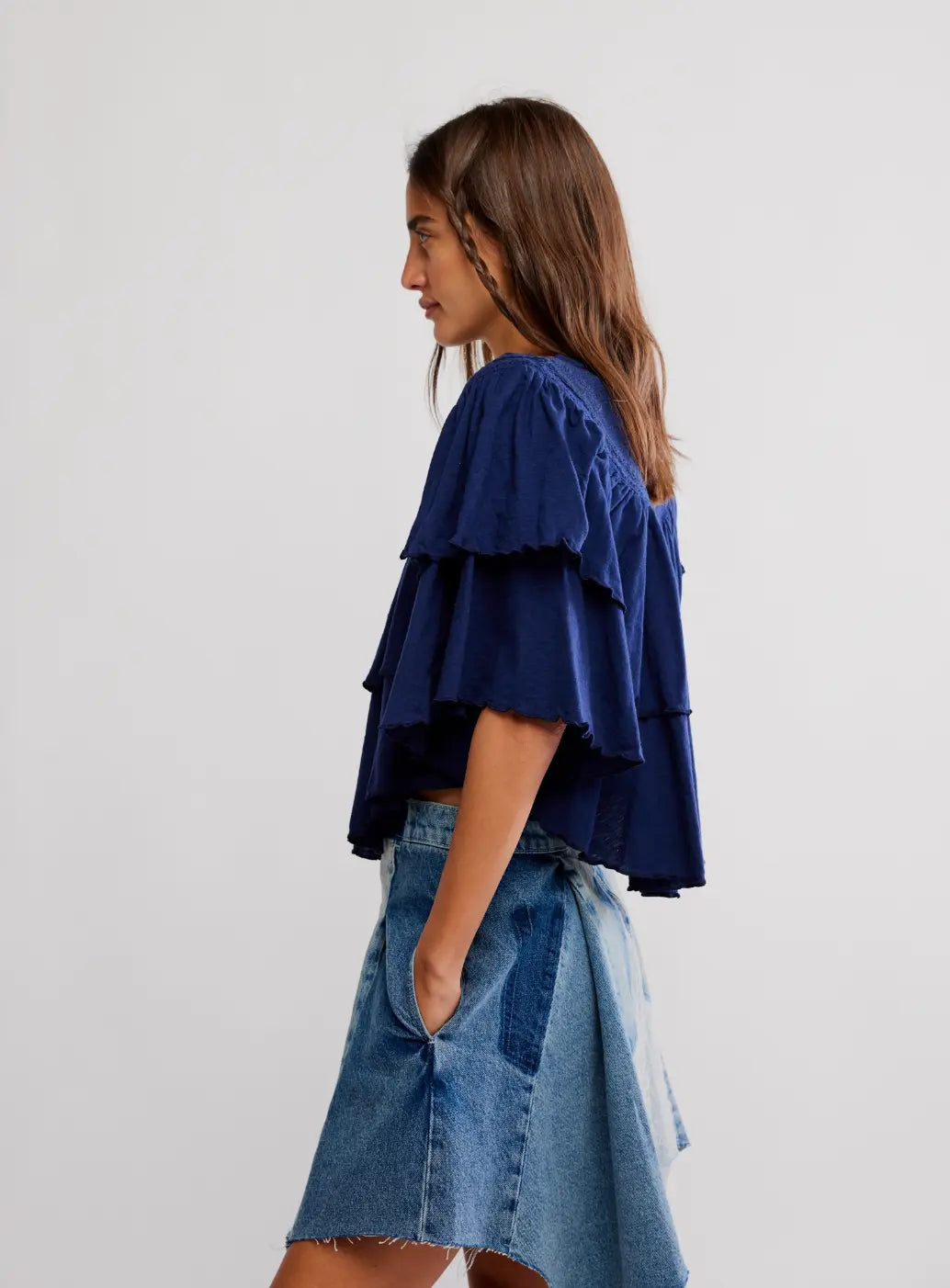 Free People Embroidered Ruffled Top: Lilac & Navy European Style – Define Your Unique Look Free People
