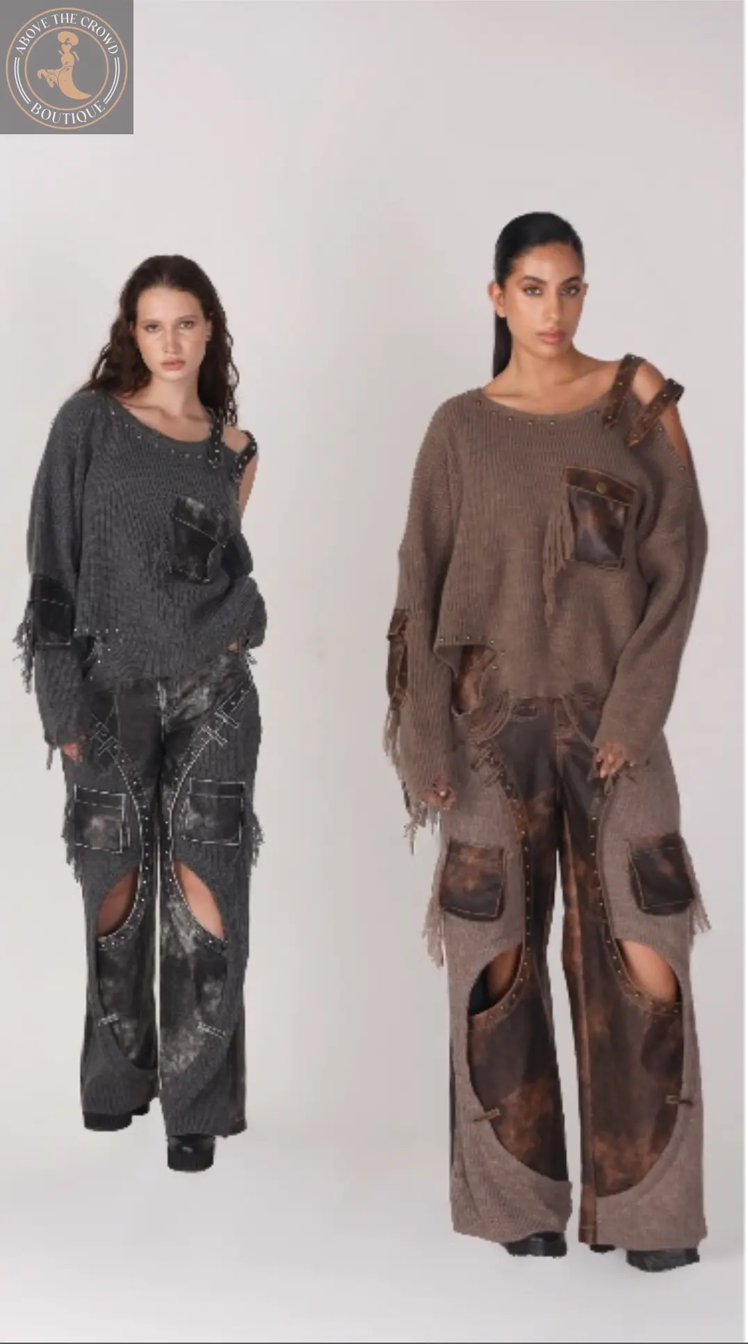 Two women wearing distressed, patchwork outfits on a white background