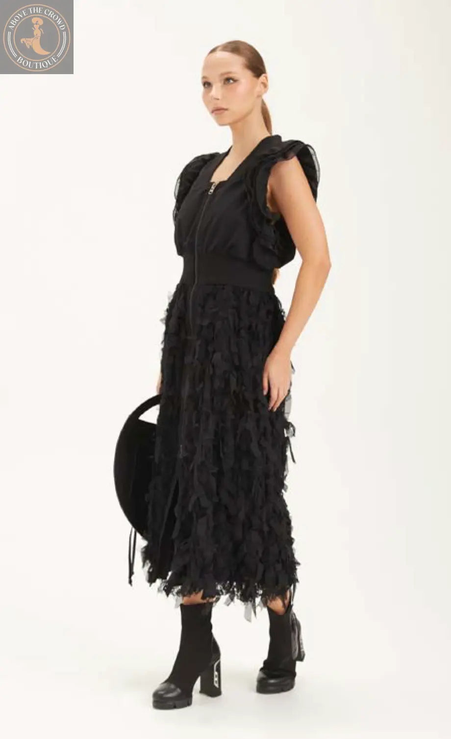 H-4 Women's Black Mesh Detail Midi Dress - Front Zip, Tailored Fit H-4