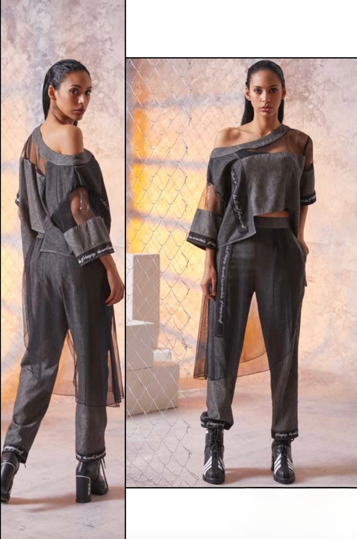 H-4 Women's Charcoal Grey Tapered Pantalone - Modern Street Style with Sheer Mesh Detail H-4