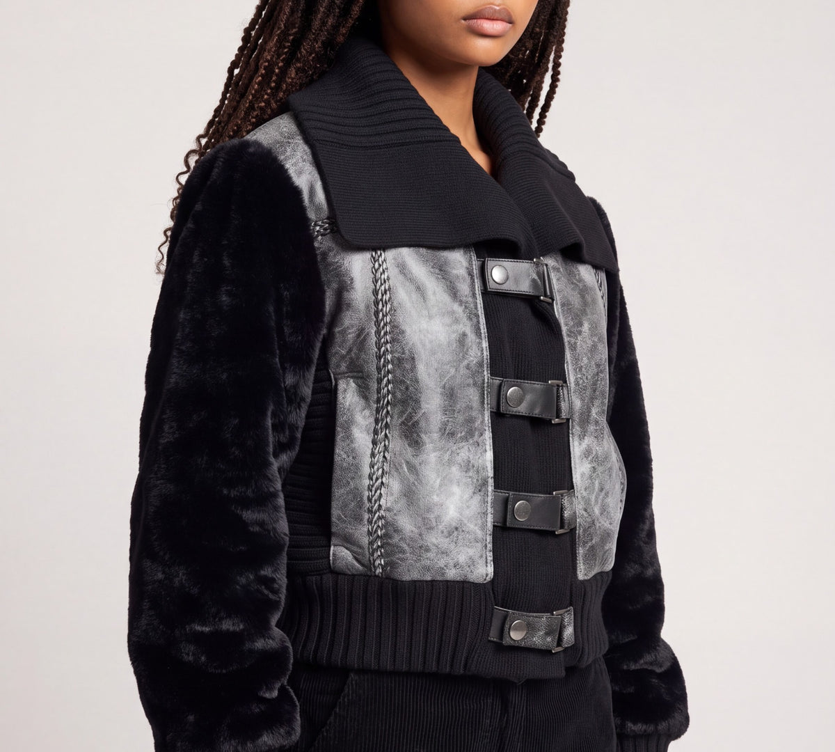 Mixed-Media Faux Fur And Metallic Buckle Jacket - Above the Crowd Boutique