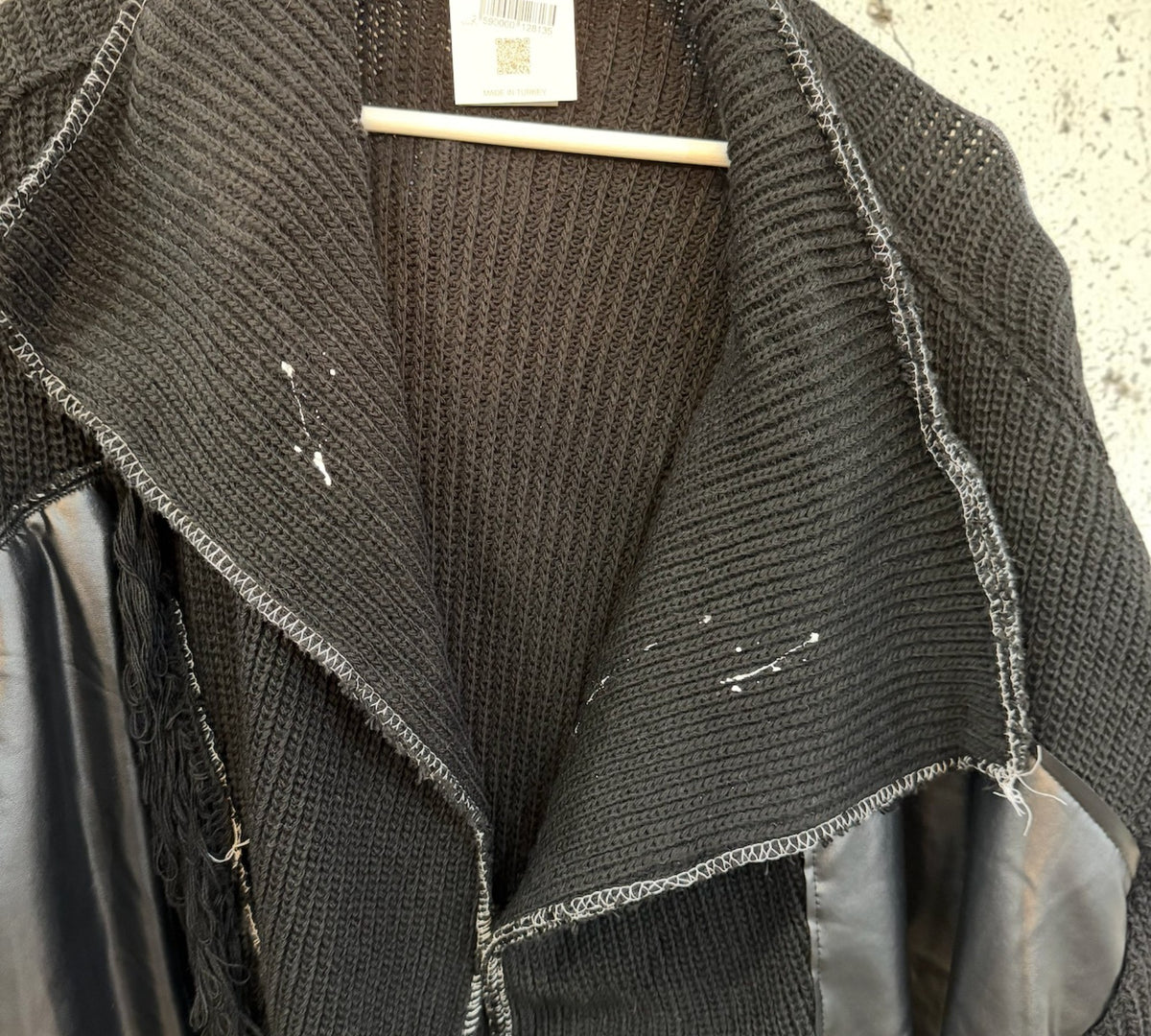 Distressed Mixed-Media Longline Knit Cardigan with Faux-Leather Panels - Above the Crowd Boutique