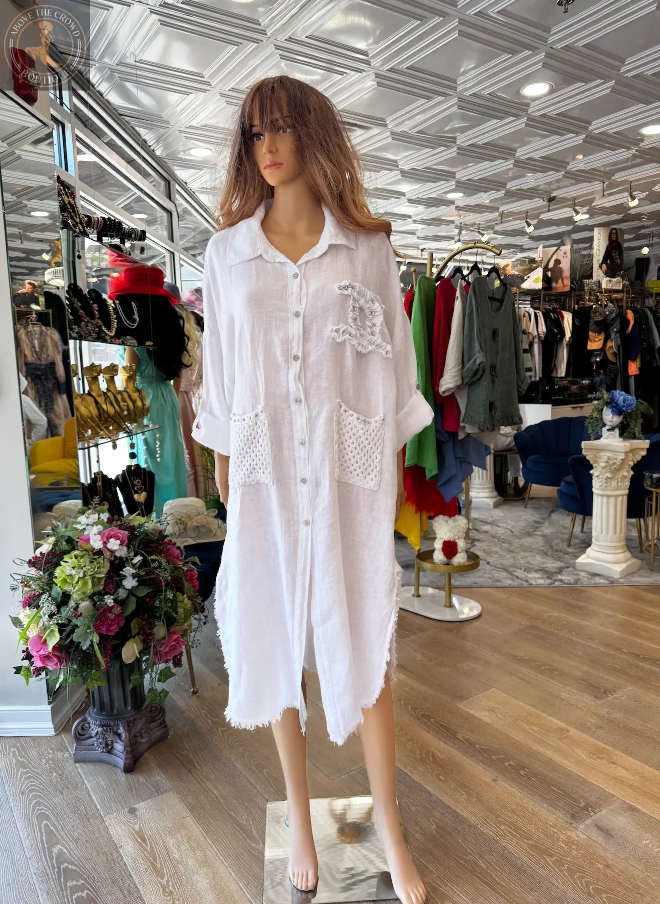 Button-Down Dress, Karma Linen Embellished, European Style White