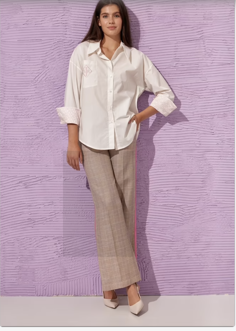 Lonca Ecru & Pink Cotton Shirt - European Style, Embroidered Detail Lonca