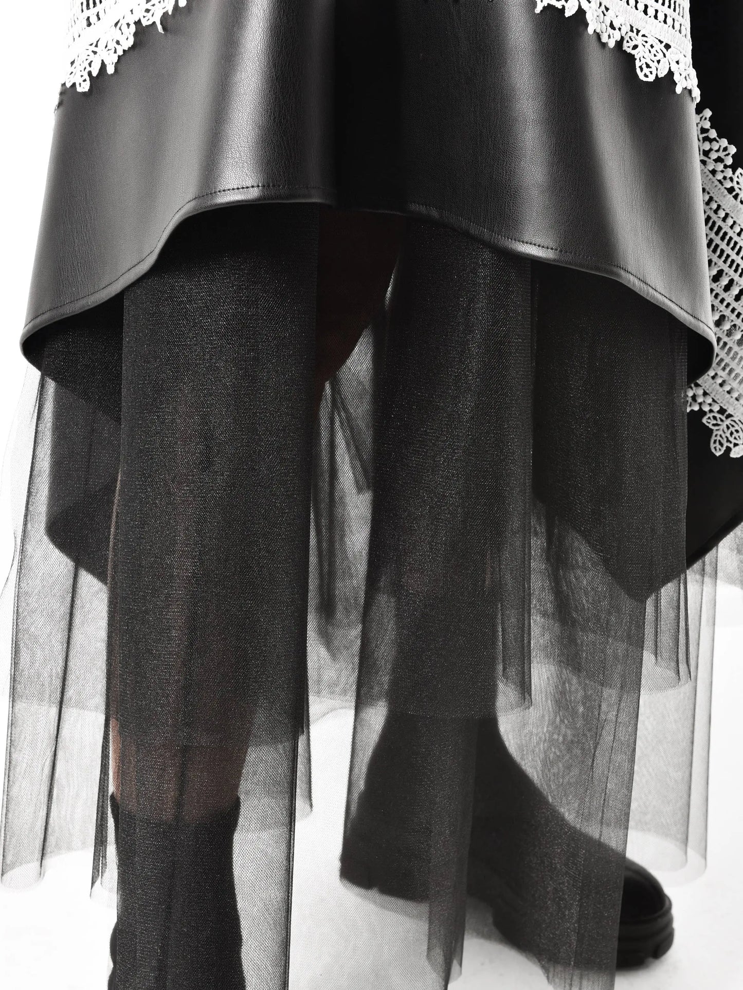 Metamorphoza Avant-Garde Vegan Leather Skirt with White Lace - Unique Boho Style Metamorphoza