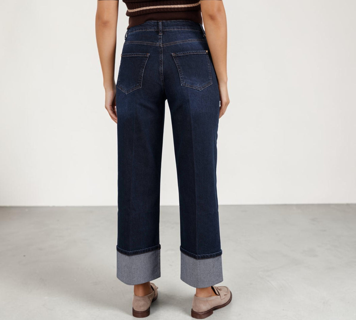 Dark Indigo Wide-Leg Cuffed Jeans with Gold-Tone Charm Chain - Above the Crowd Boutique