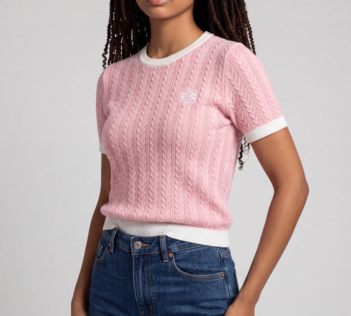 Pink Cable-Knit Short-Sleeve Sweater Top with Contrast Trim