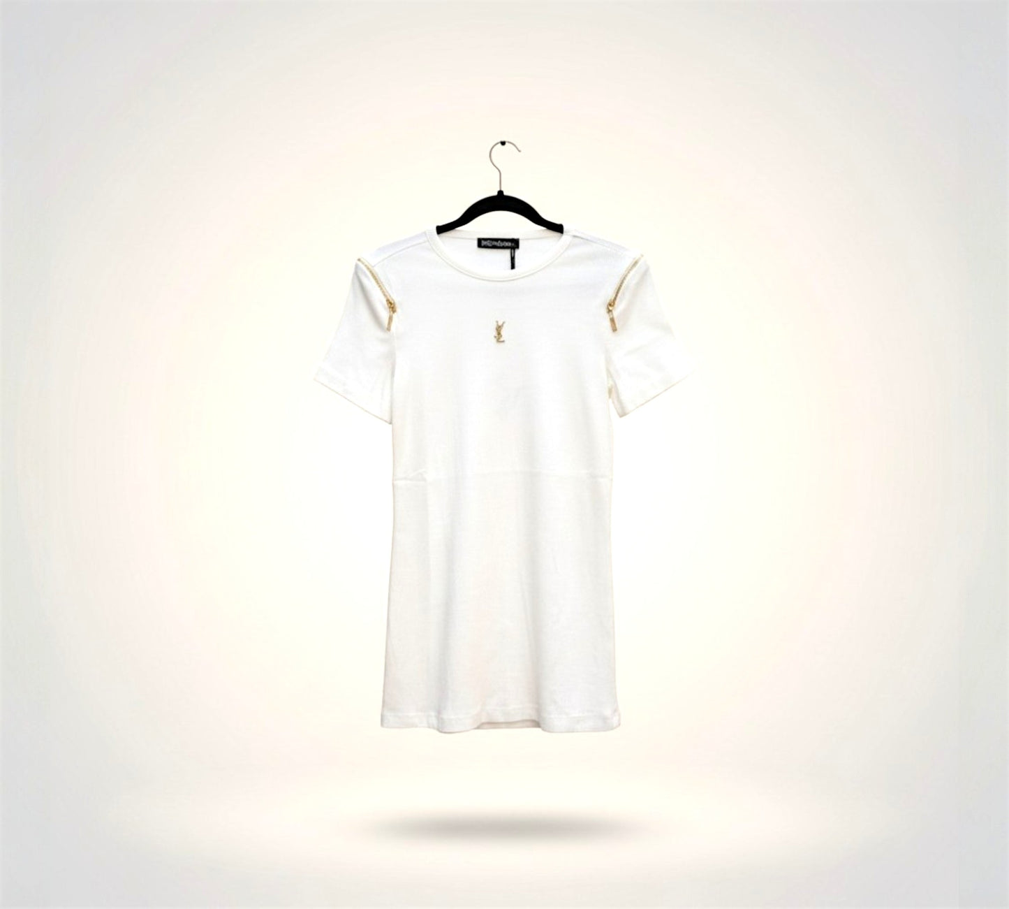 Elegant Ribbed White T-Shirt with Gold Shoulder Zipper Detail-Above the Crowd Boutique