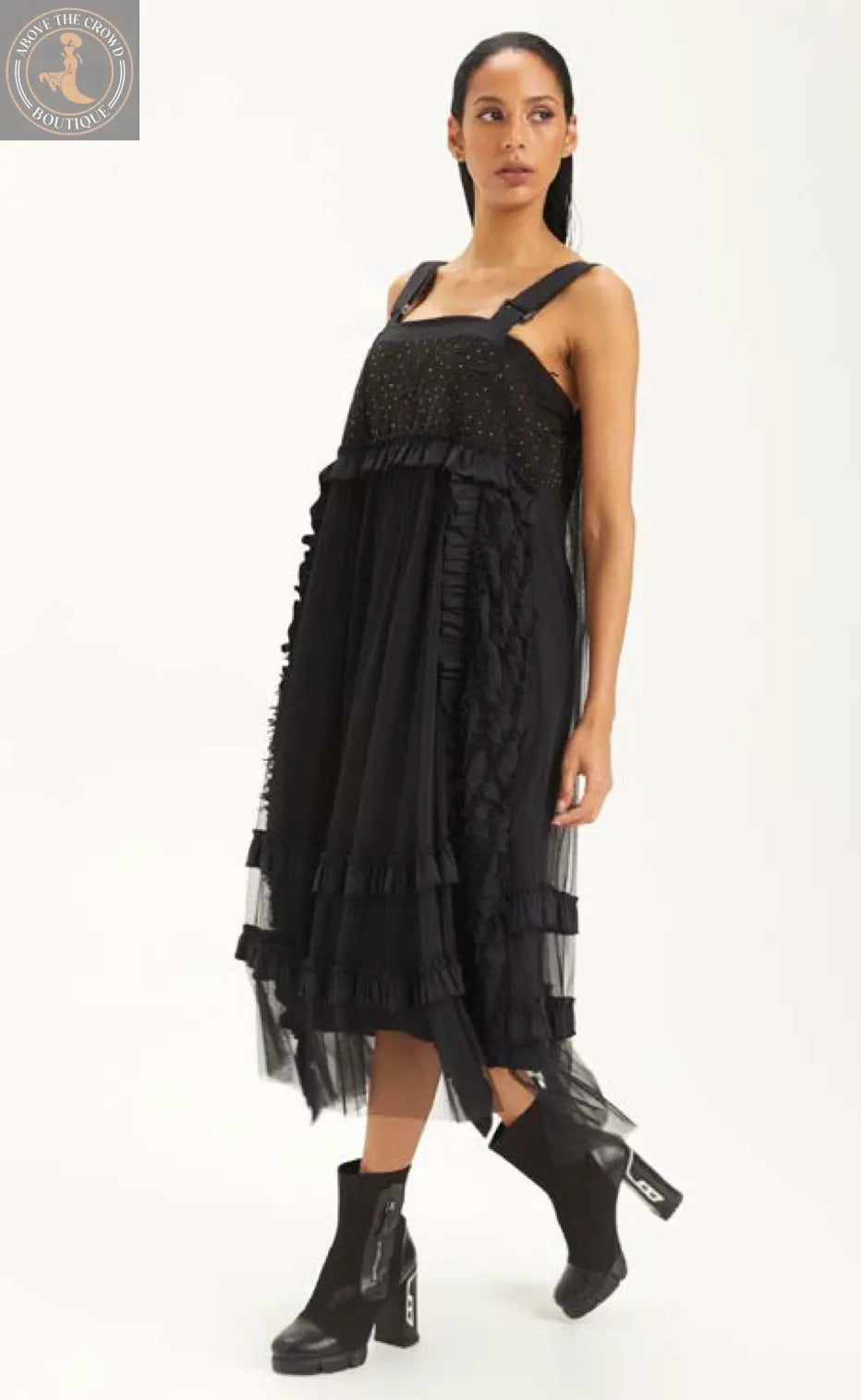 Parisian Chic: Women's Black Mesh Overlay A-Line Summer Dress H-4