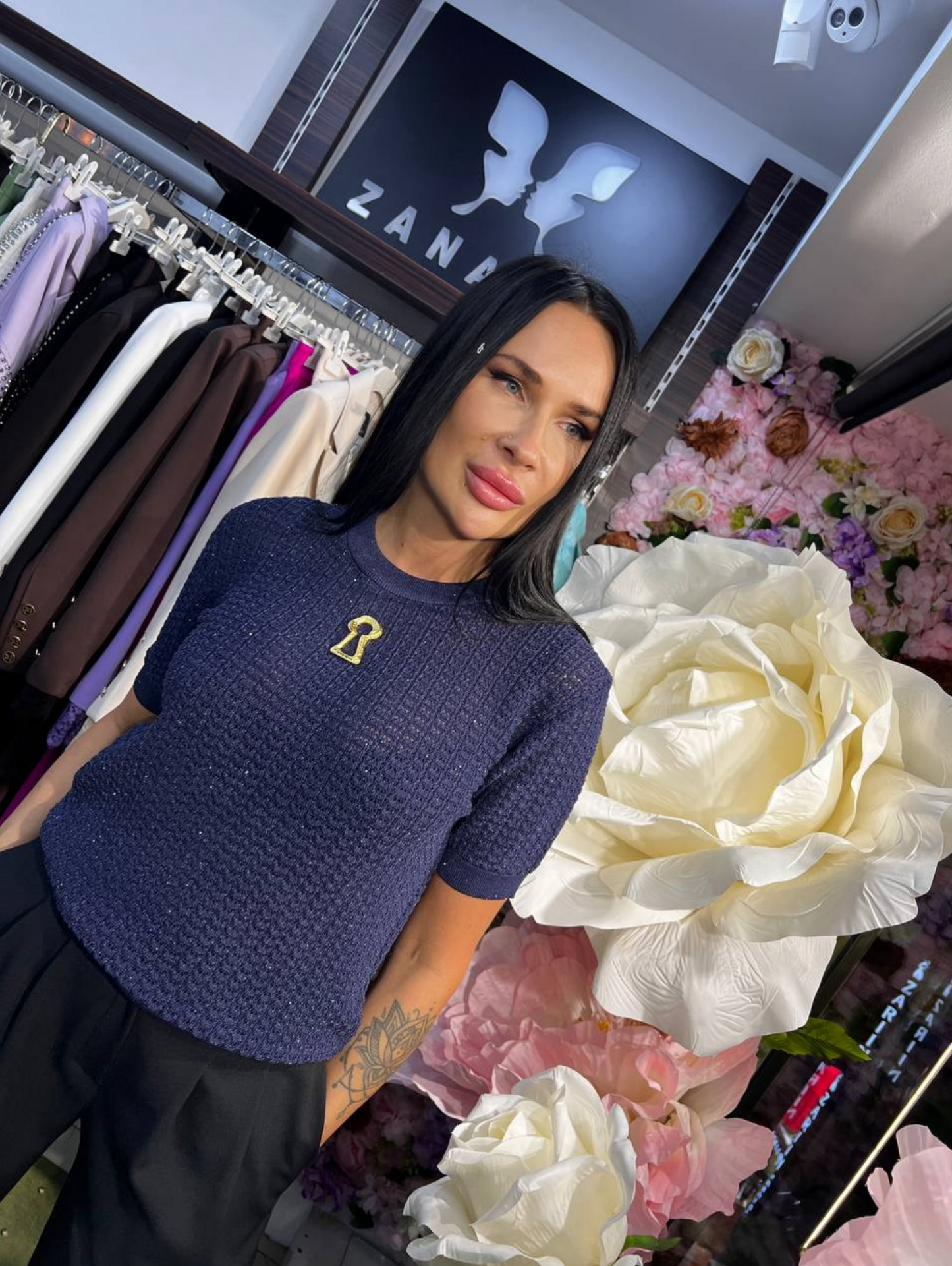 Zanardi Fashion Textured Knit T-Shirt with Gold Accent Emblem