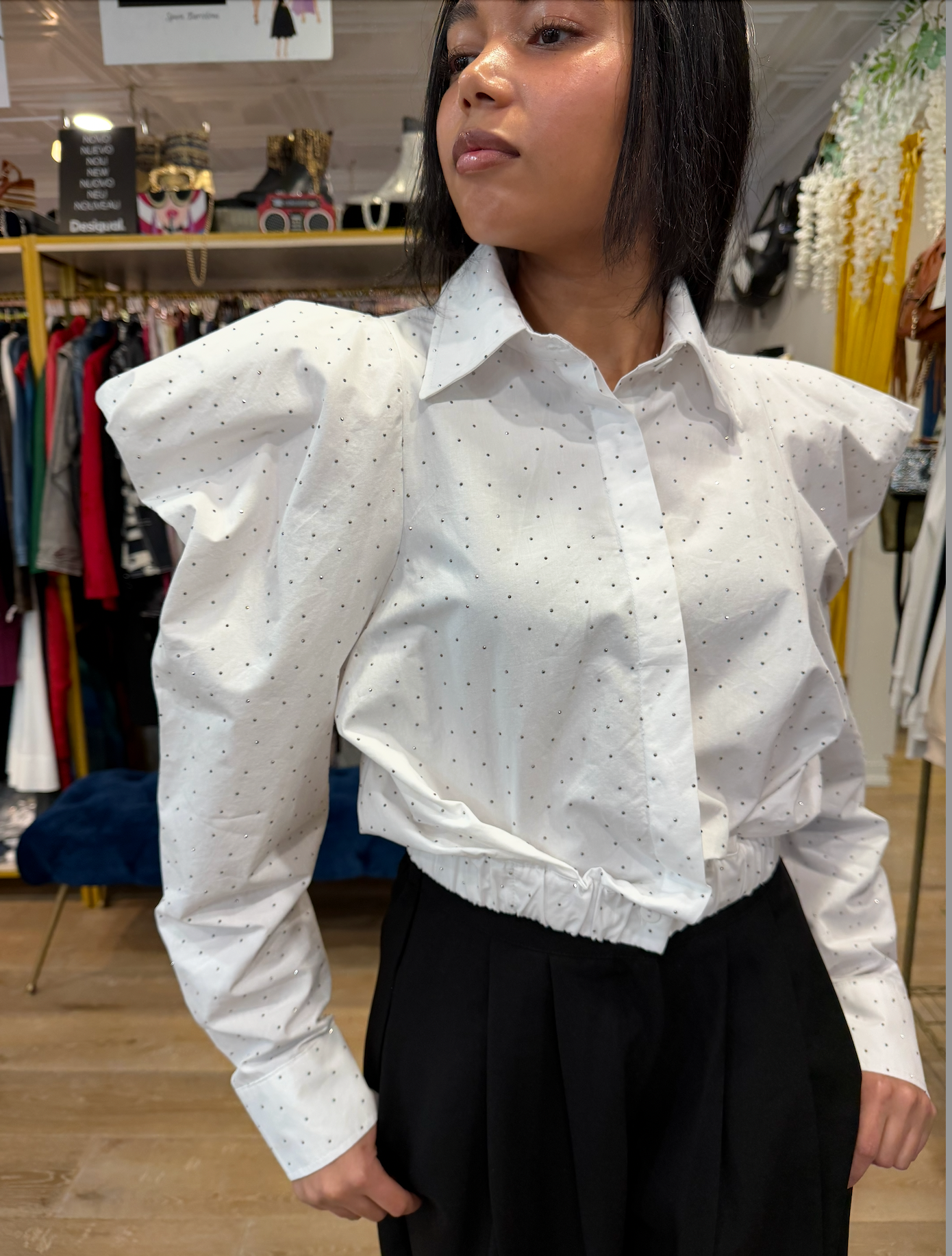 Zanardi Fashion Structured Shoulder Blouse with Micro Crystal Detailing