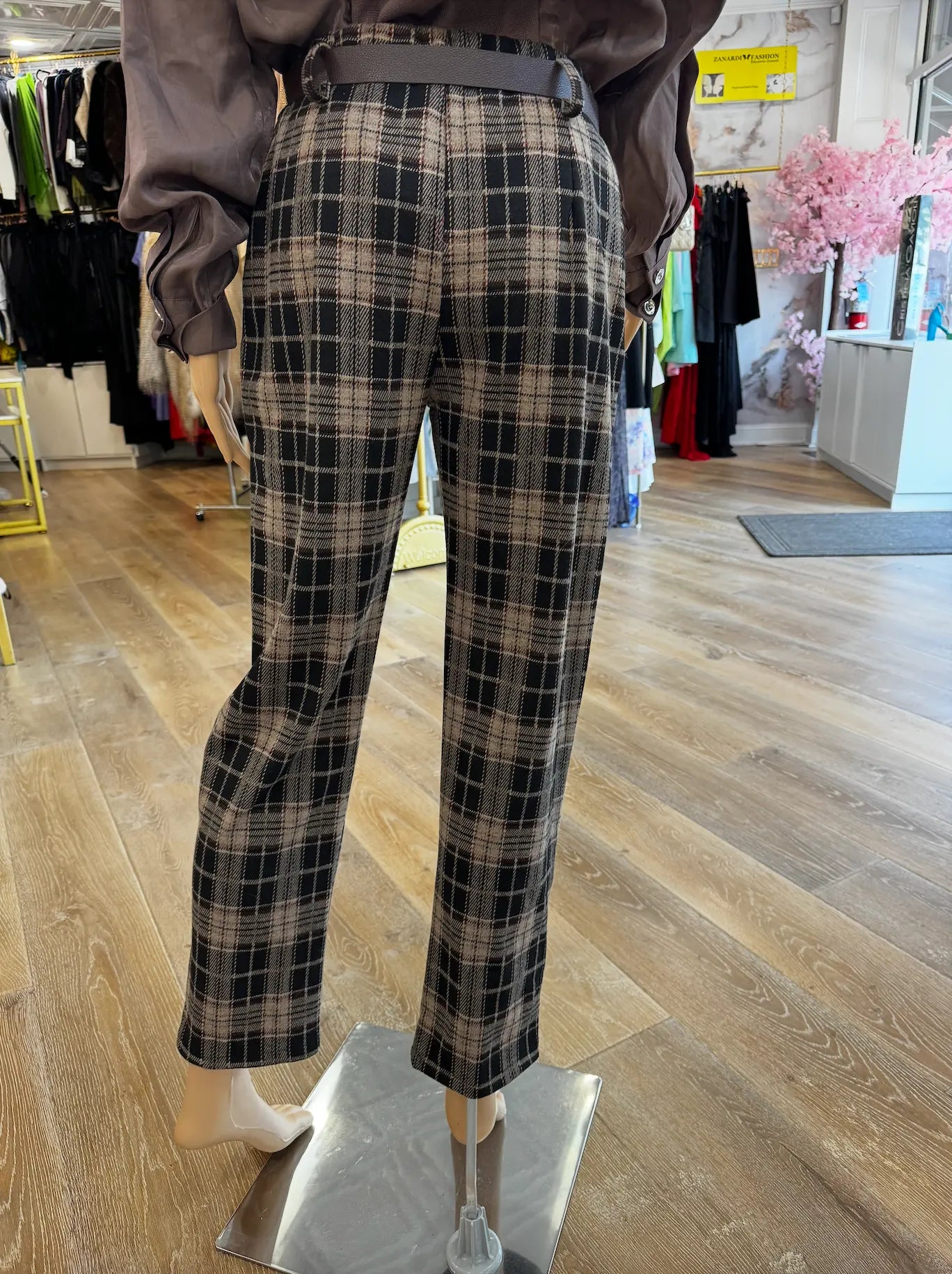 Tailored Plaid Trousers – High-Waisted Fit, European-Style with Belt Karma