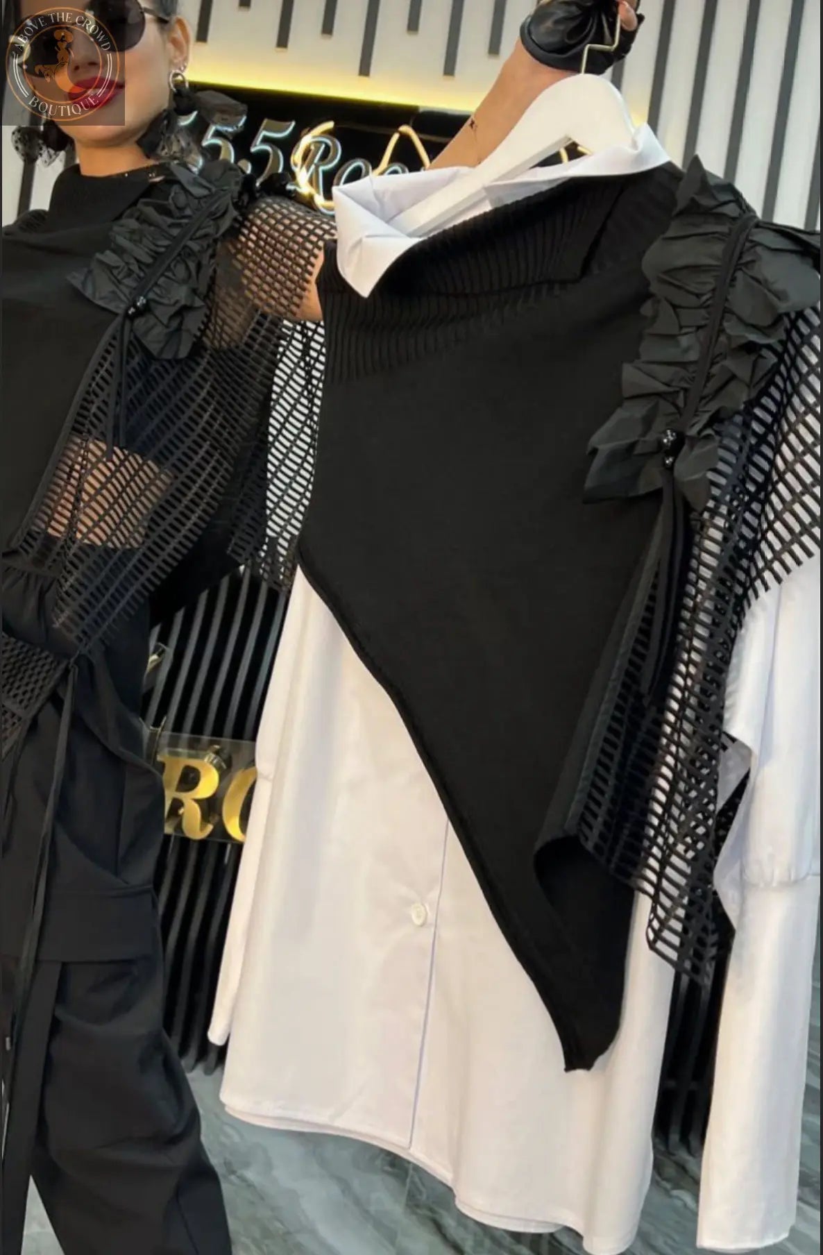 Women's European Chic Black & White Ruffled Mesh Layered Top by Bize Bize