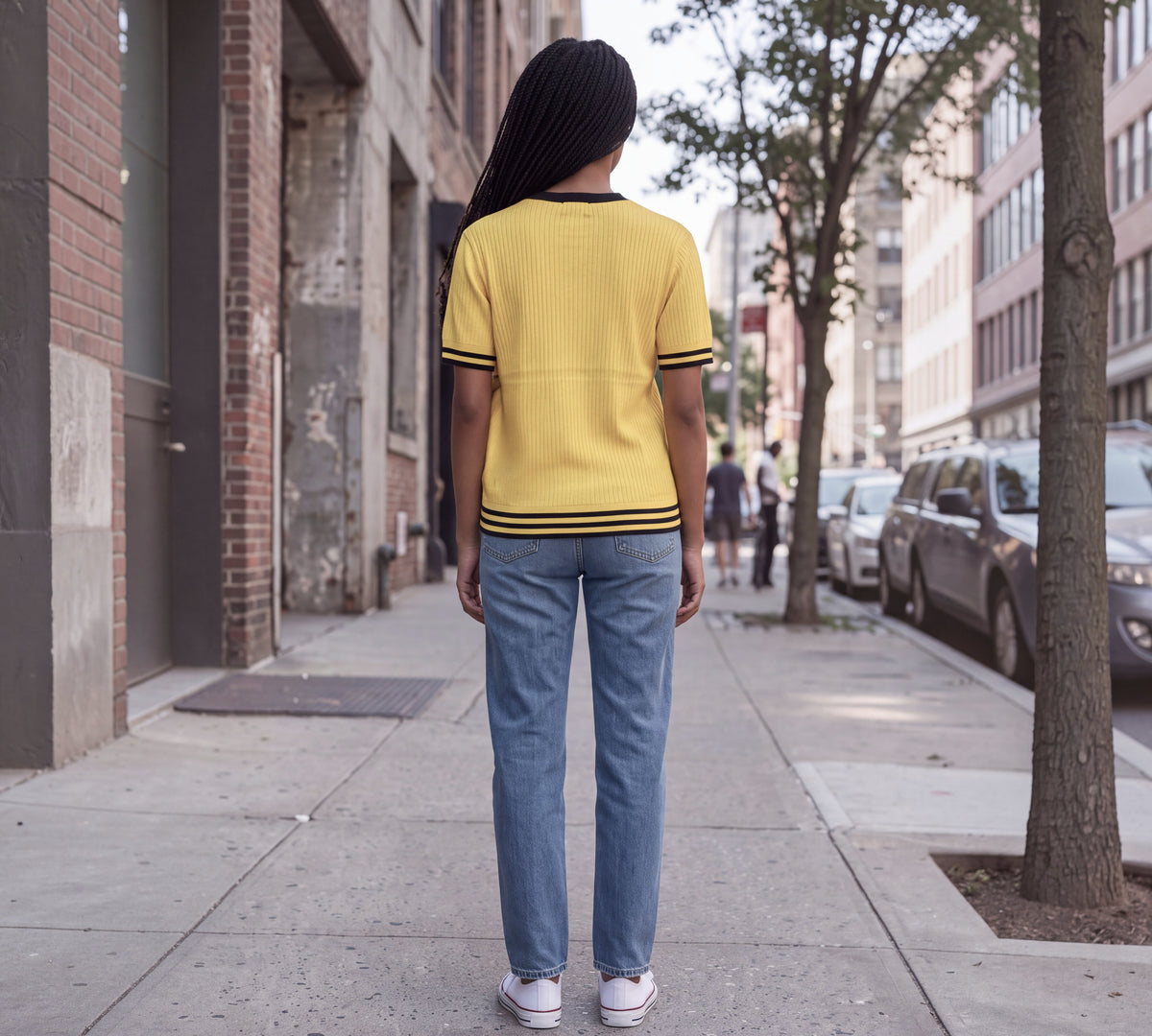 Plus Size Yellow Ribbed Knit T-Shirt with Contrast Stripe Trim - Above the Crowd Boutique