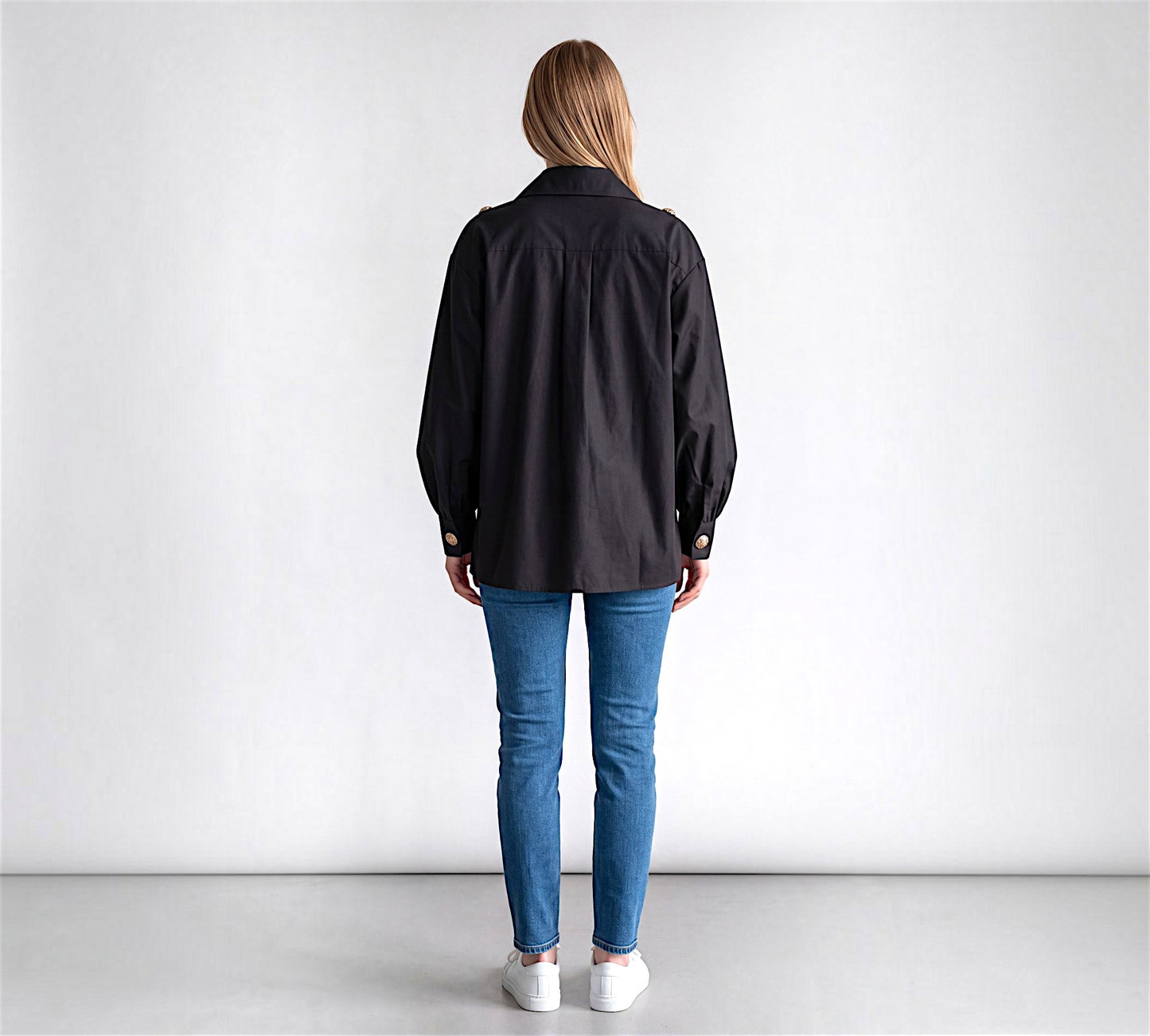 Black Statement Blouse with Oversized Pointed Collar and Gold Embellished Buttons - Above the Crowd Boutique
