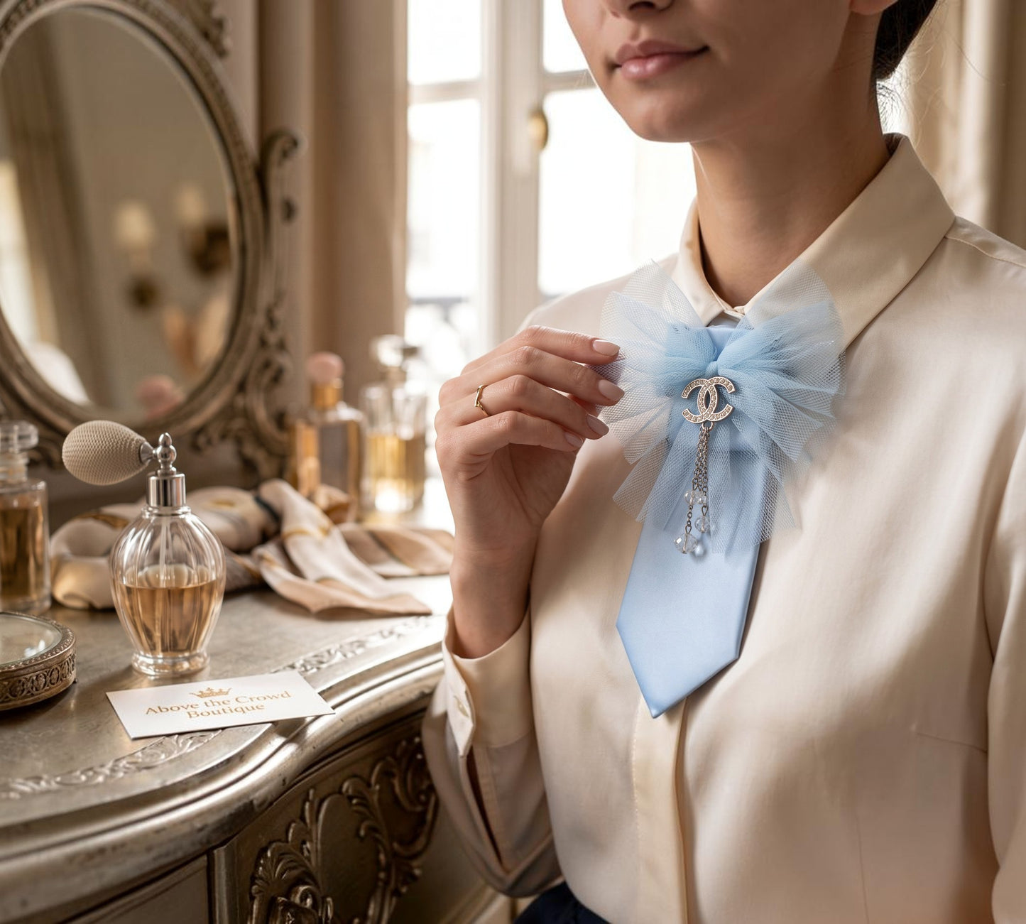 Powder Blue Couture Tulle Statement Necktie with Crystal Brooch - Above the Crowd Boutique