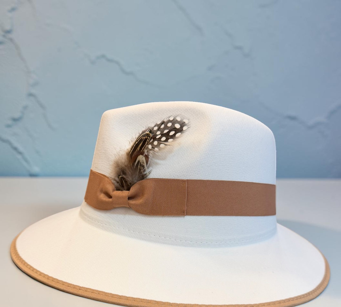 Off-White Feather Trim Fedora Hat with Camel Band - Above the Crowd Boutique