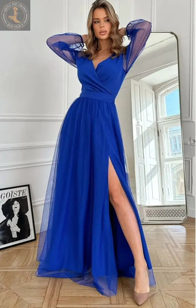 Elegant V-Neck Blue Wrap Dress