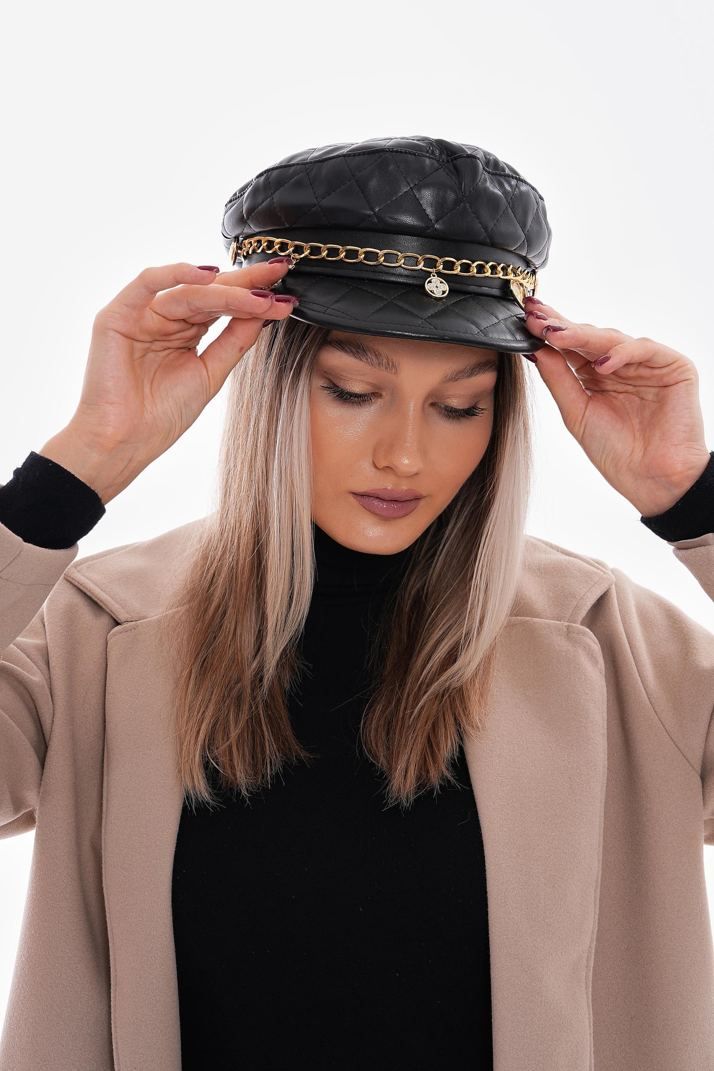 Pu Leather Quilted Cap Hat With Chain