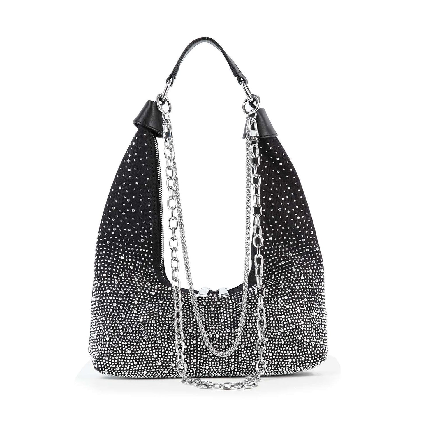 Glamorous Stone And Chain Accented Denim Shoulder Bag