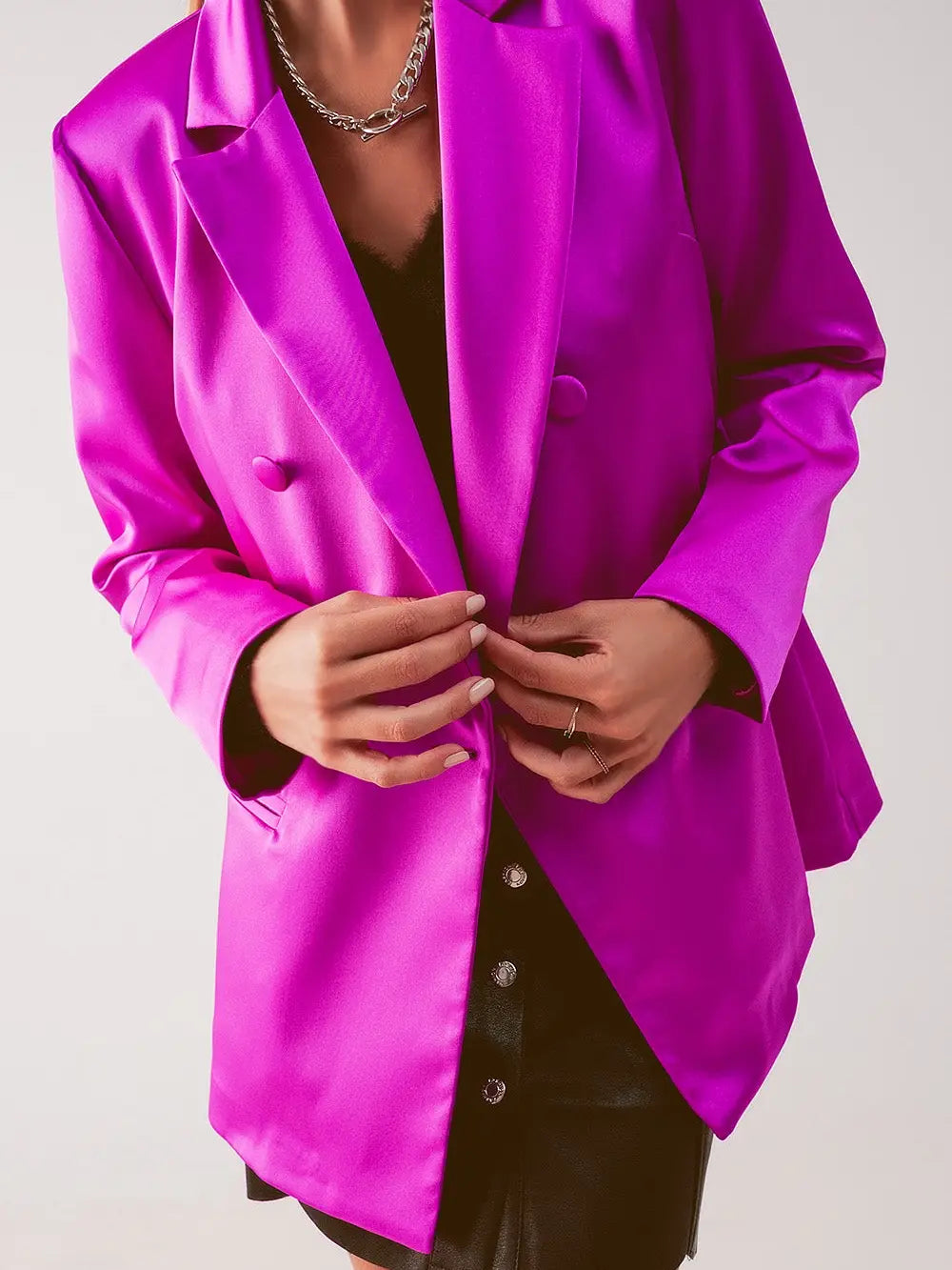 Q-2 Satin Double Breasted Suit Blazer in Fuchsia 1238907