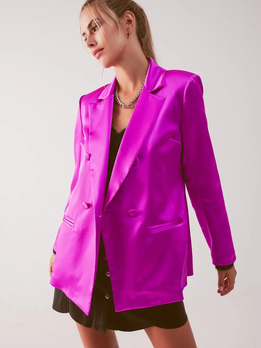 Q-2 Satin Double Breasted Suit Blazer in Fuchsia 1238907