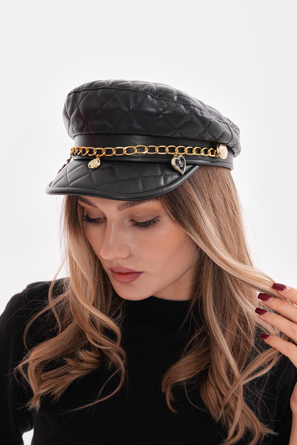 Pu Leather Quilted Cap Hat With Chain