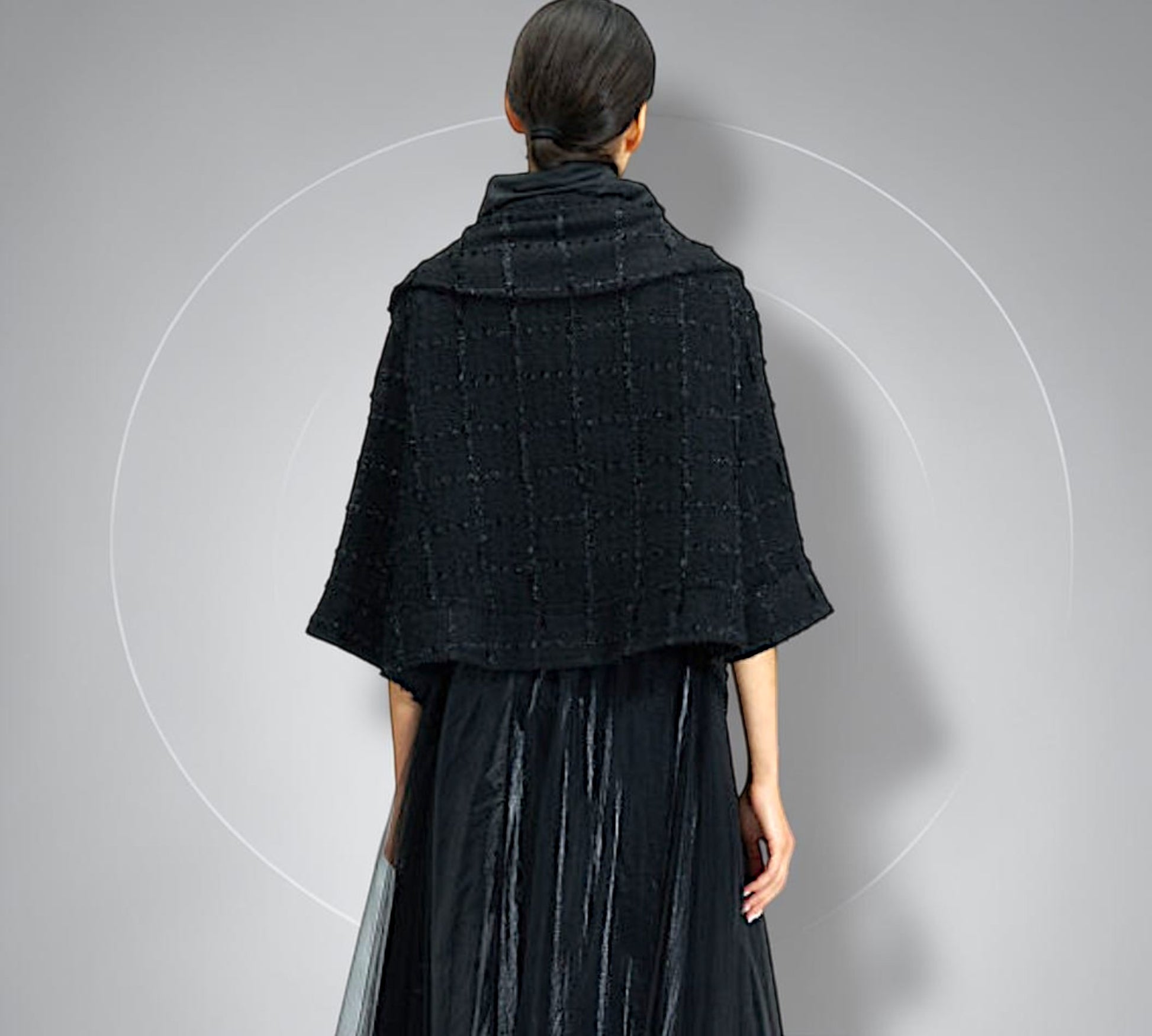 Black Textured Double-Breasted Cape Jacket with Draped Collar & Crystal Safety-Pin Brooch - Above the Crowd Boutique