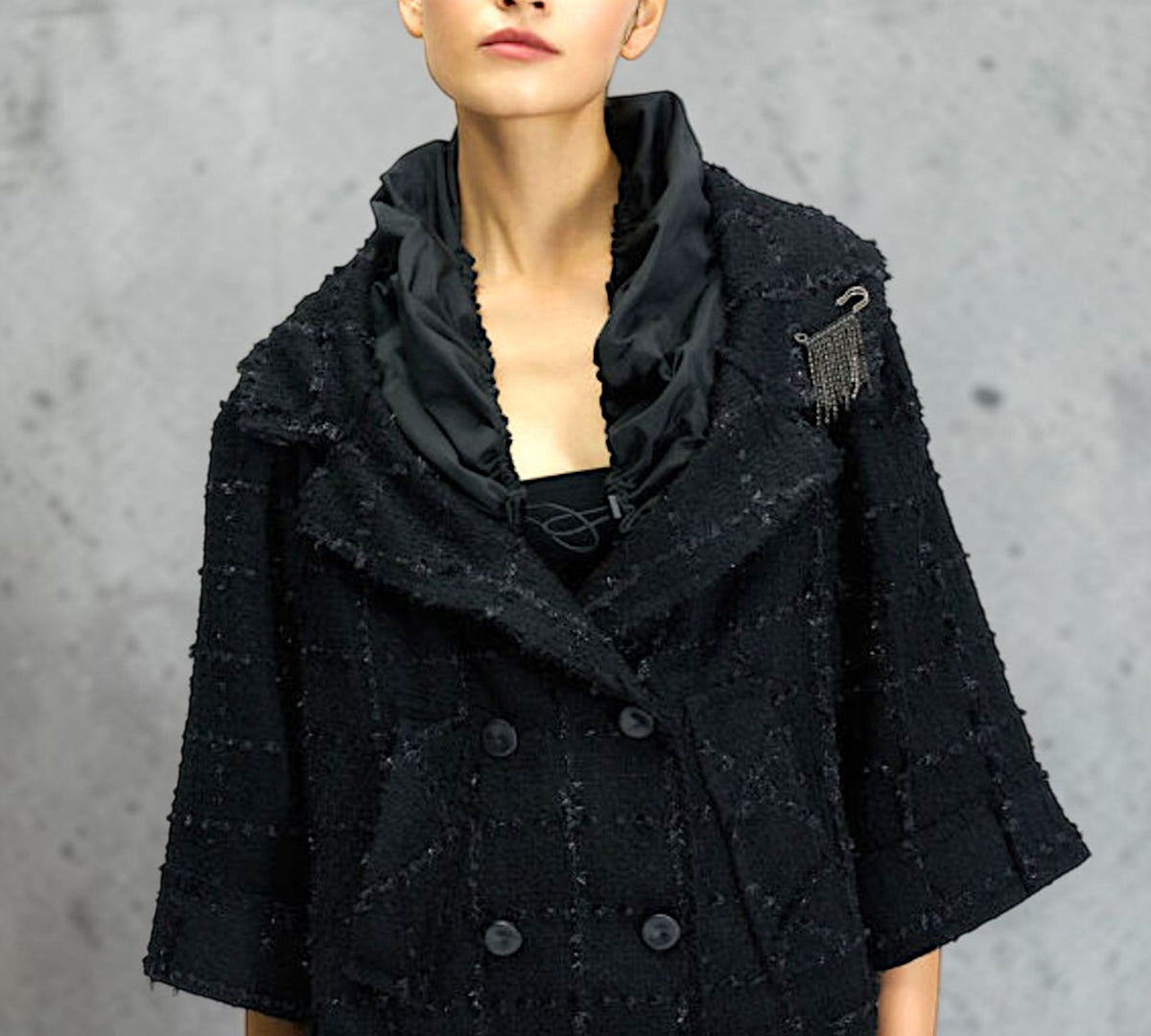 Black Textured Double-Breasted Cape Jacket with Draped Collar & Crystal Safety-Pin Brooch - Above the Crowd Boutique