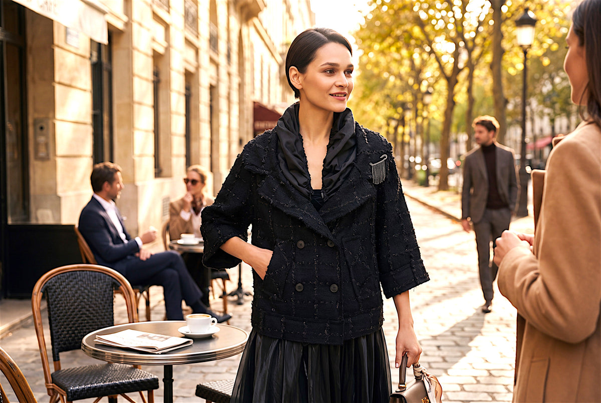 Black Textured Double-Breasted Cape Jacket with Draped Collar & Crystal Safety-Pin Brooch - Above the Crowd Boutique