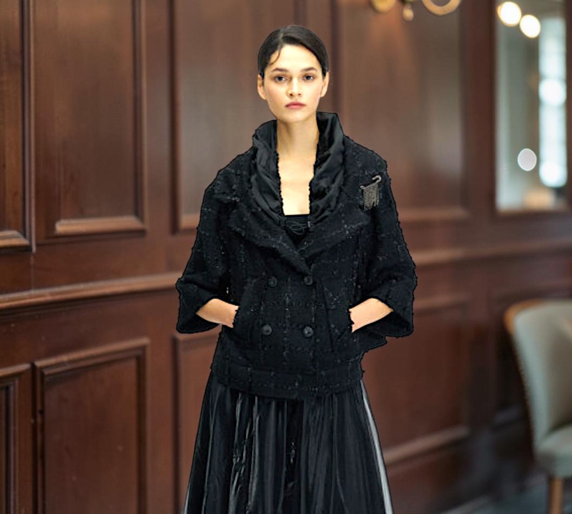 Black Textured Double-Breasted Cape Jacket with Draped Collar & Crystal Safety-Pin Brooch - Above the Crowd Boutique