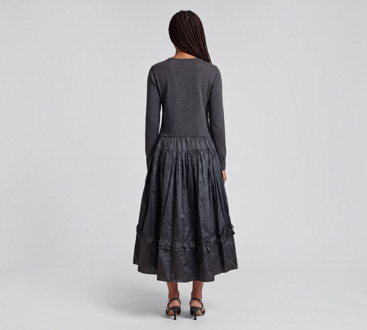 Charcoal Gray Mixed-Media Floral Appliqué Midi Dress - Above the Crowd Boutique