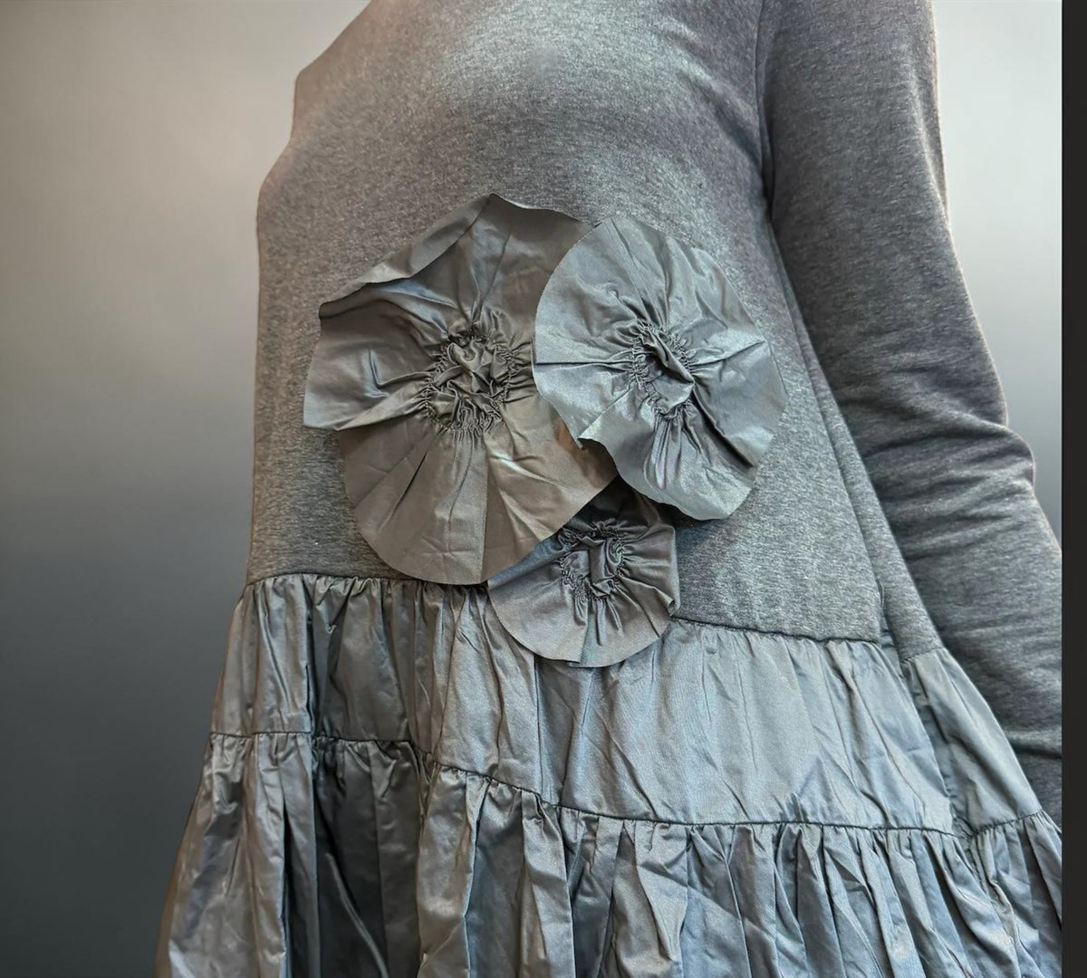 Charcoal Gray Mixed-Media Floral Appliqué Midi Dress - Above the Crowd Boutique