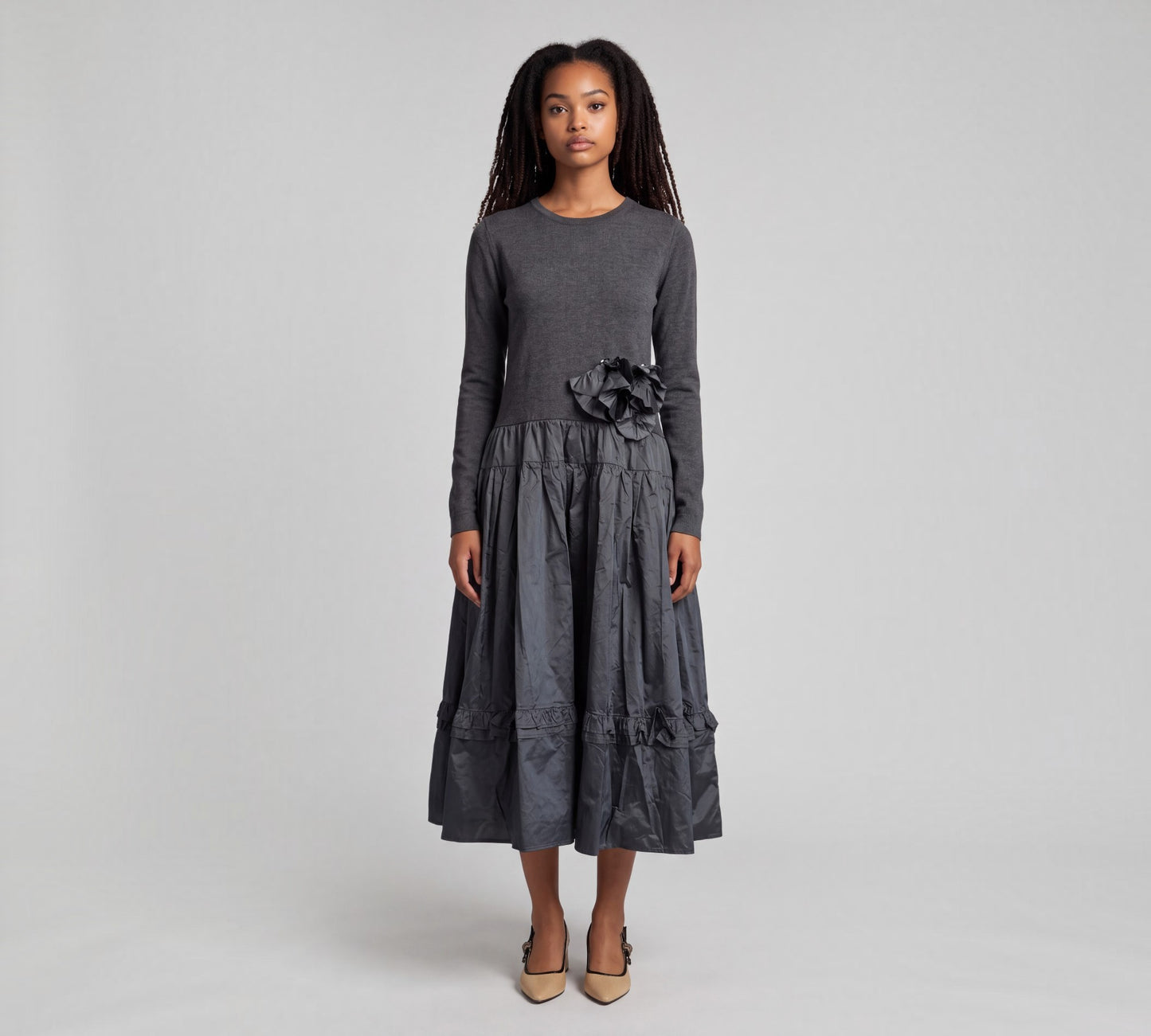 Charcoal Gray Mixed-Media Floral Appliqué Midi Dress - Above the Crowd Boutique