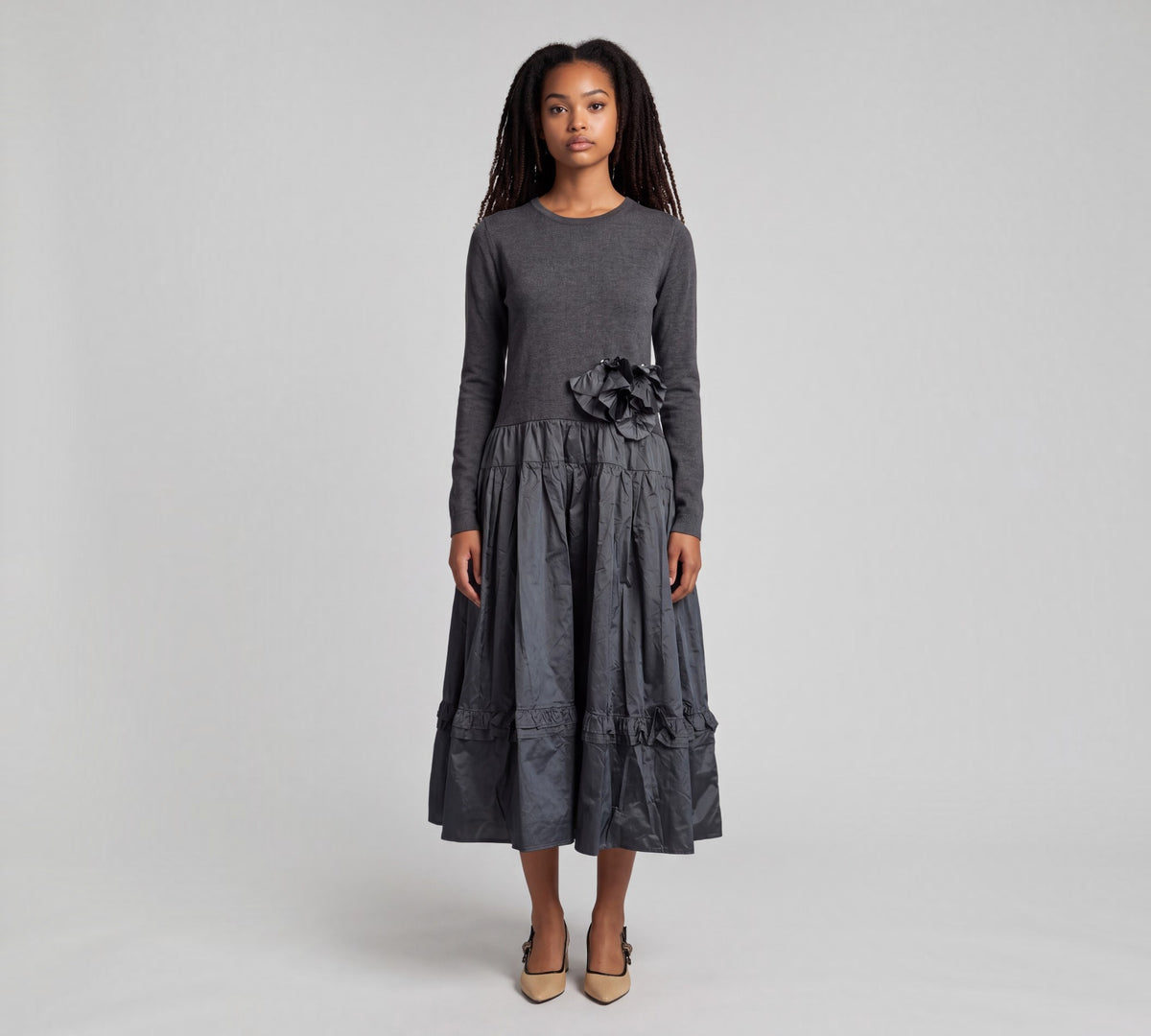 Charcoal Gray Mixed-Media Floral Appliqué Midi Dress - Above the Crowd Boutique