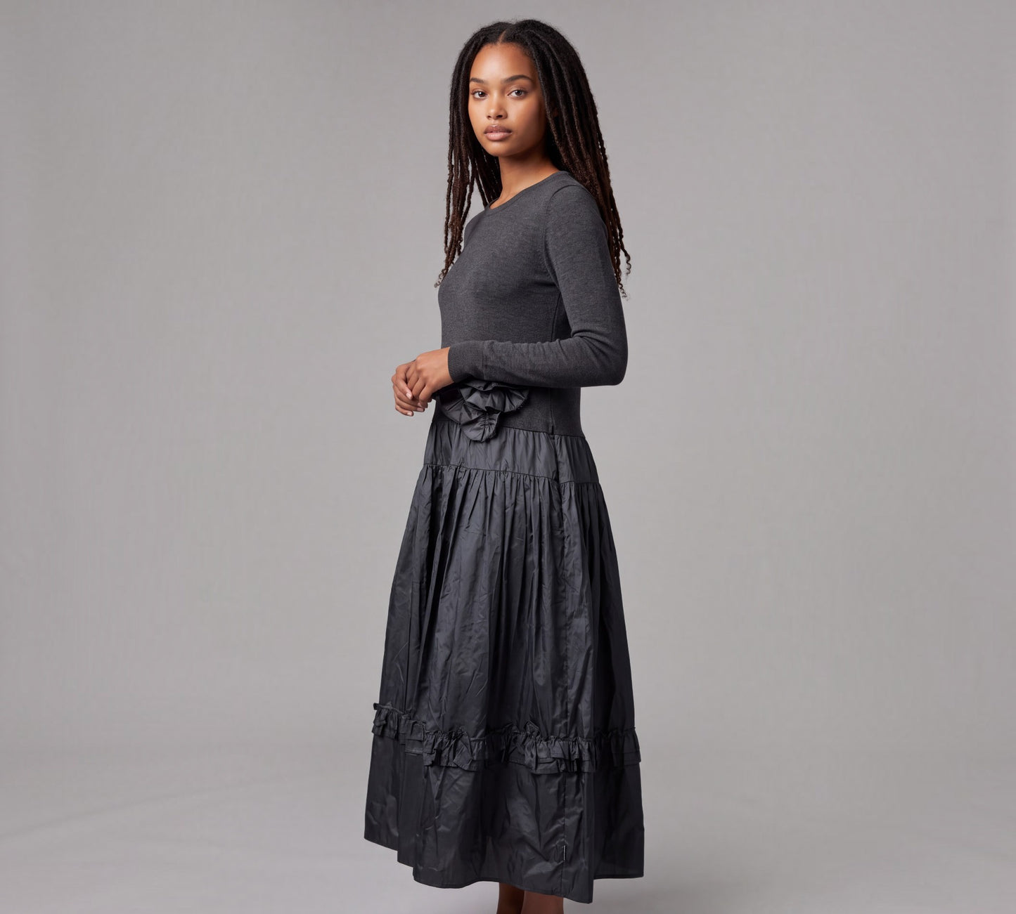 Charcoal Gray Mixed-Media Floral Appliqué Midi Dress - Above the Crowd Boutique