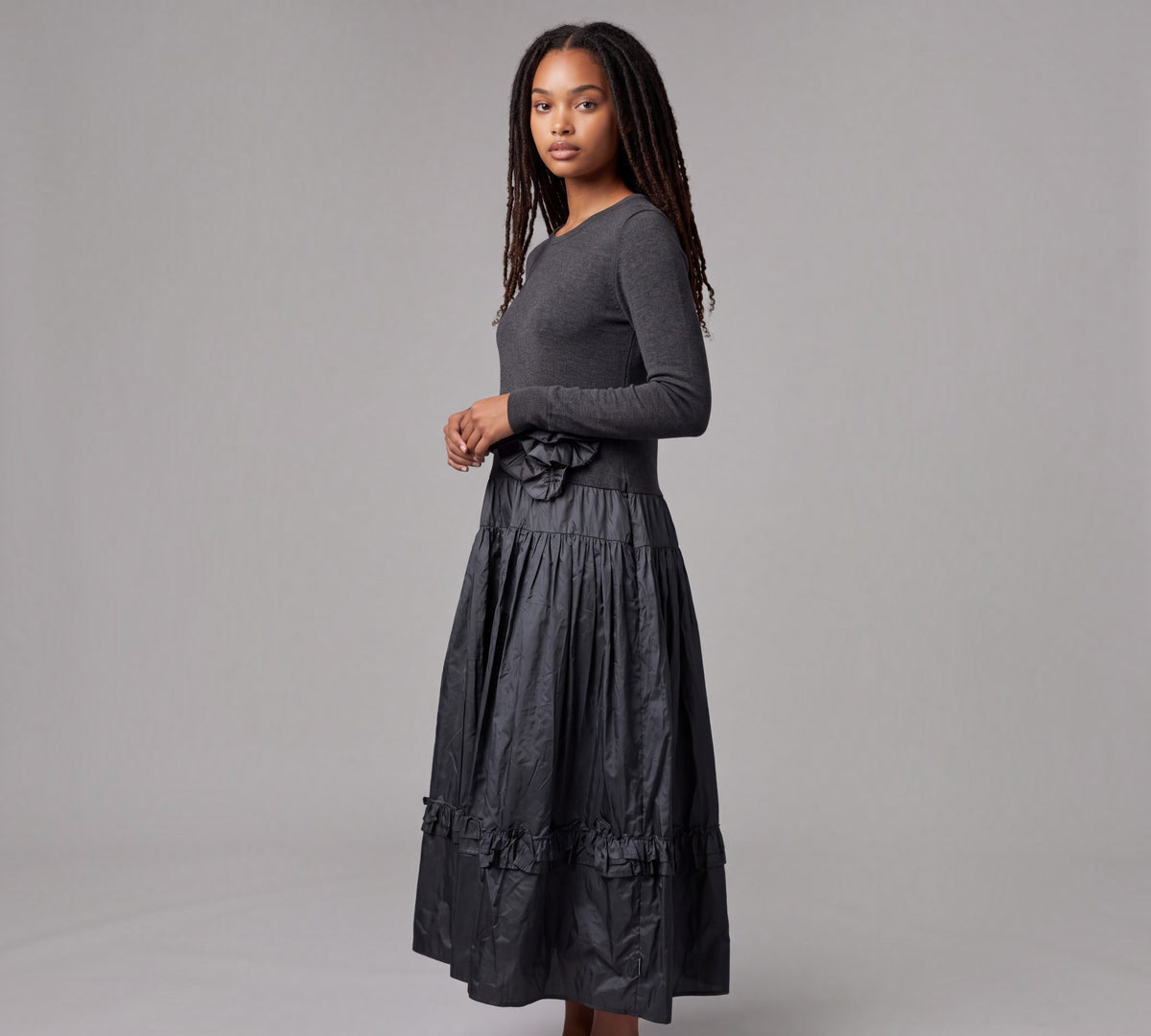 Charcoal Gray Mixed-Media Floral Appliqué Midi Dress - Above the Crowd Boutique