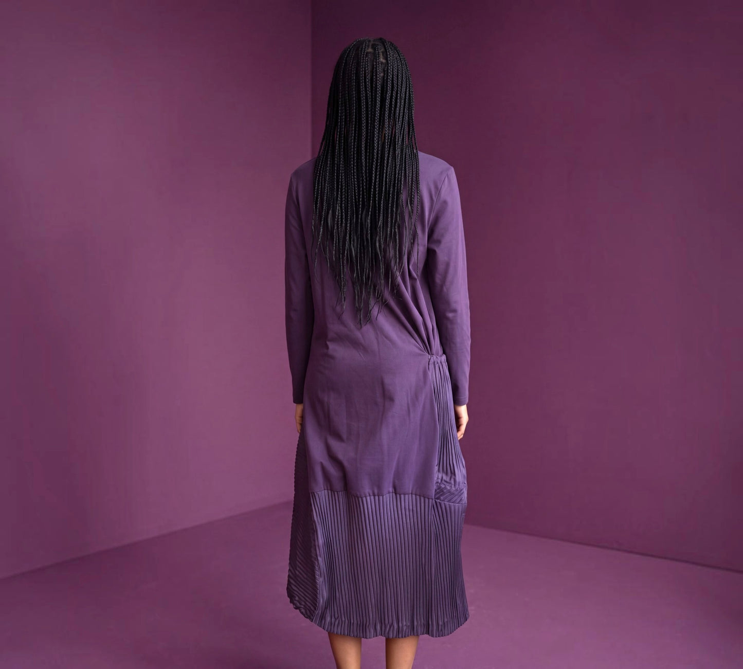 Plum Purple Mixed-Media Pleated Midi Dress with Drawstring Detail - Above the Crowd Boutique