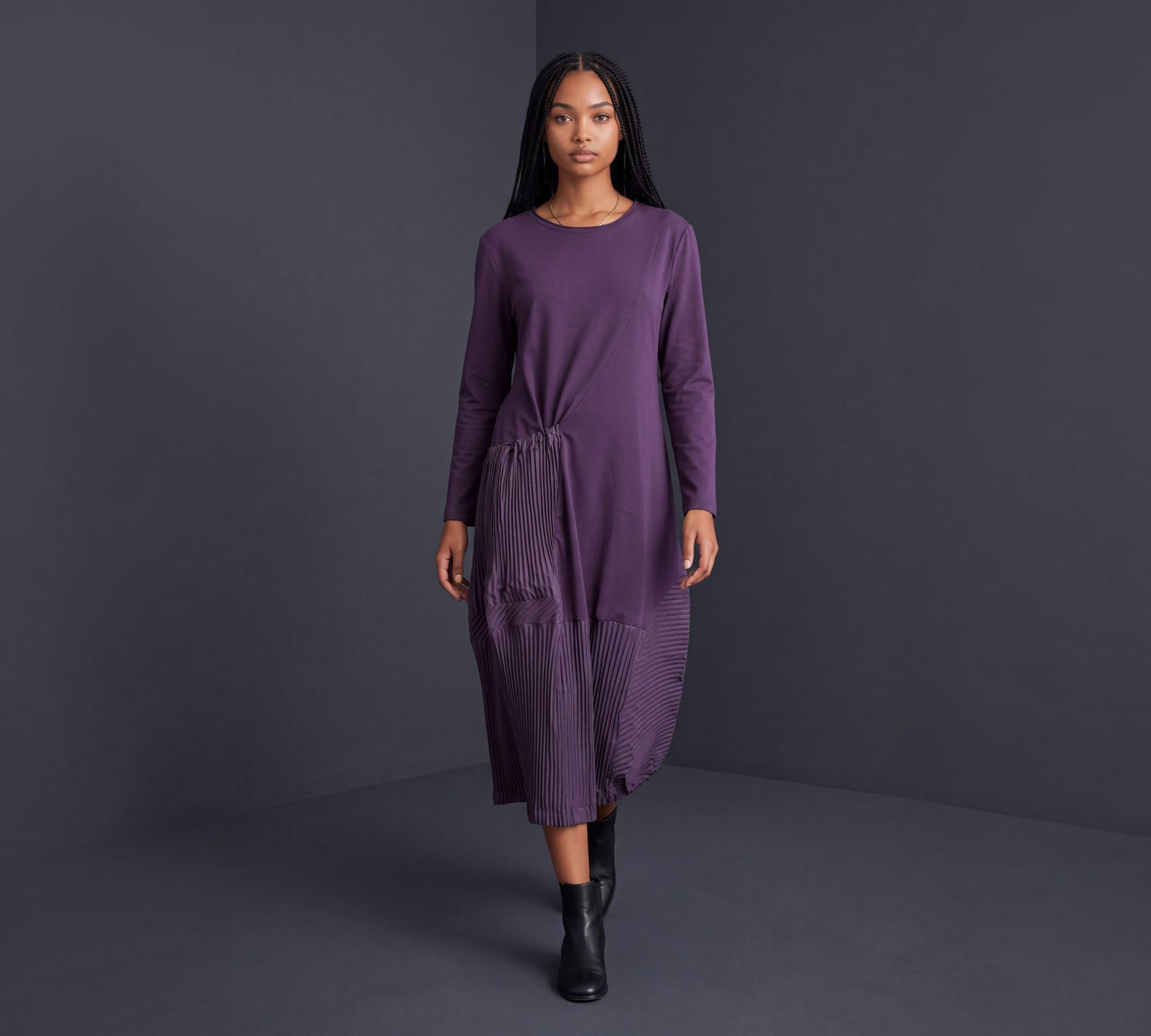 Plum Purple Mixed-Media Pleated Midi Dress with Drawstring Detail - Above the Crowd Boutique