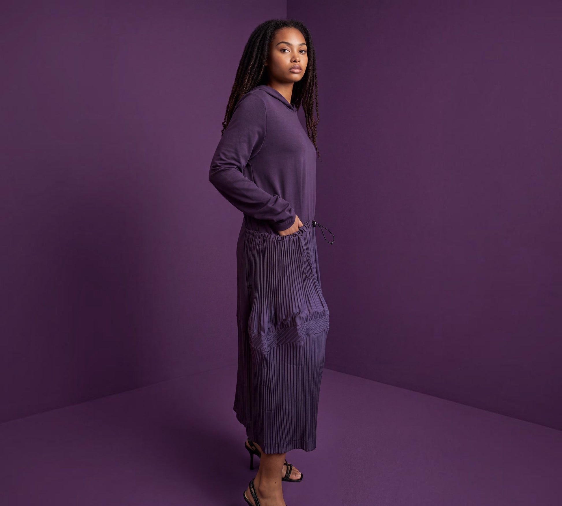 Plum Purple Mixed-Media Pleated Midi Dress with Drawstring Detail - Above the Crowd Boutique