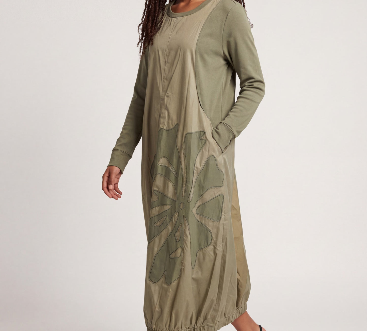Olive Green Mixed-Fabric Floral Appliqué Maxi Dress - Above the Crowd Boutique