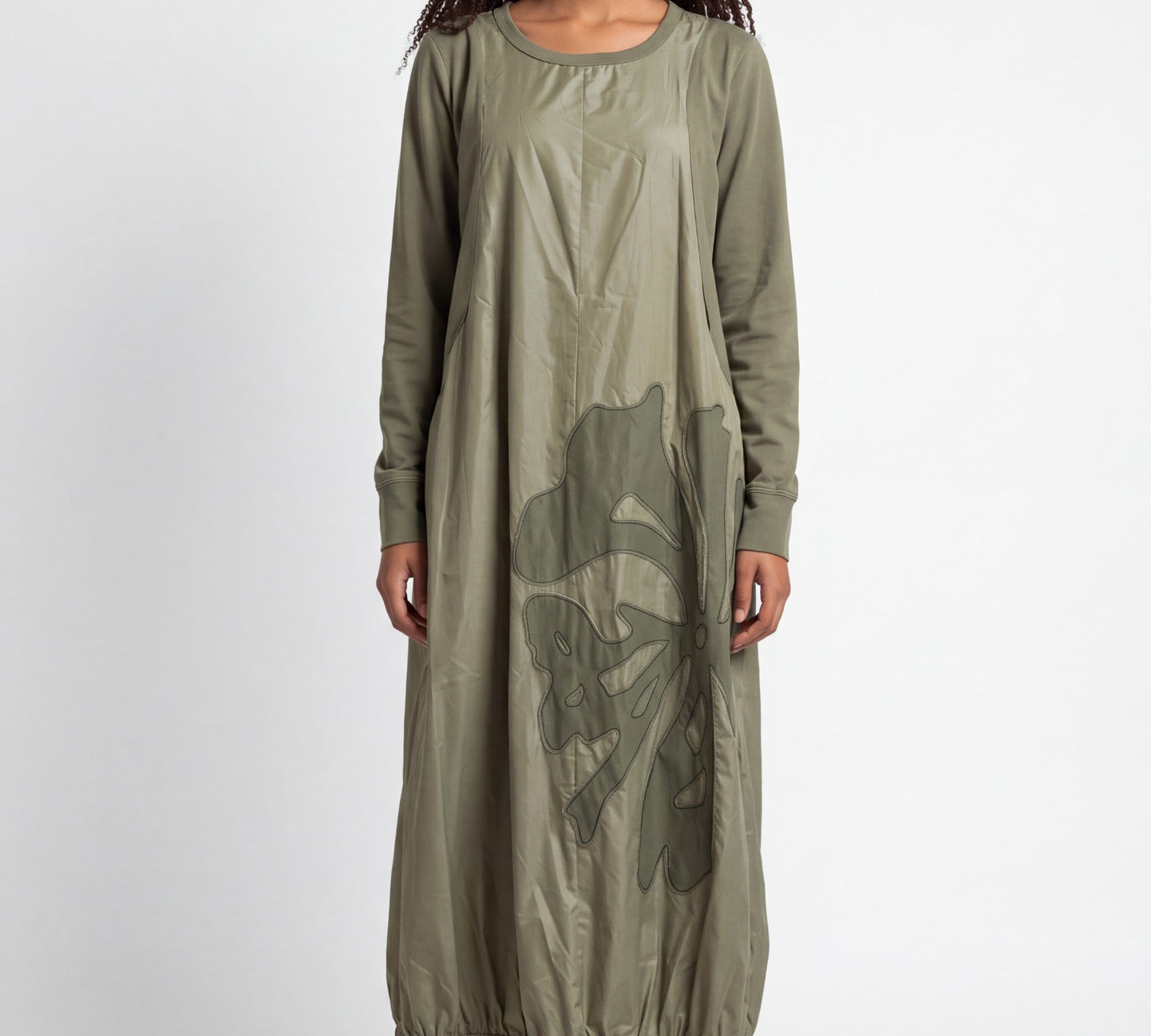 Olive Green Mixed-Fabric Floral Appliqué Maxi Dress - Above the Crowd Boutique